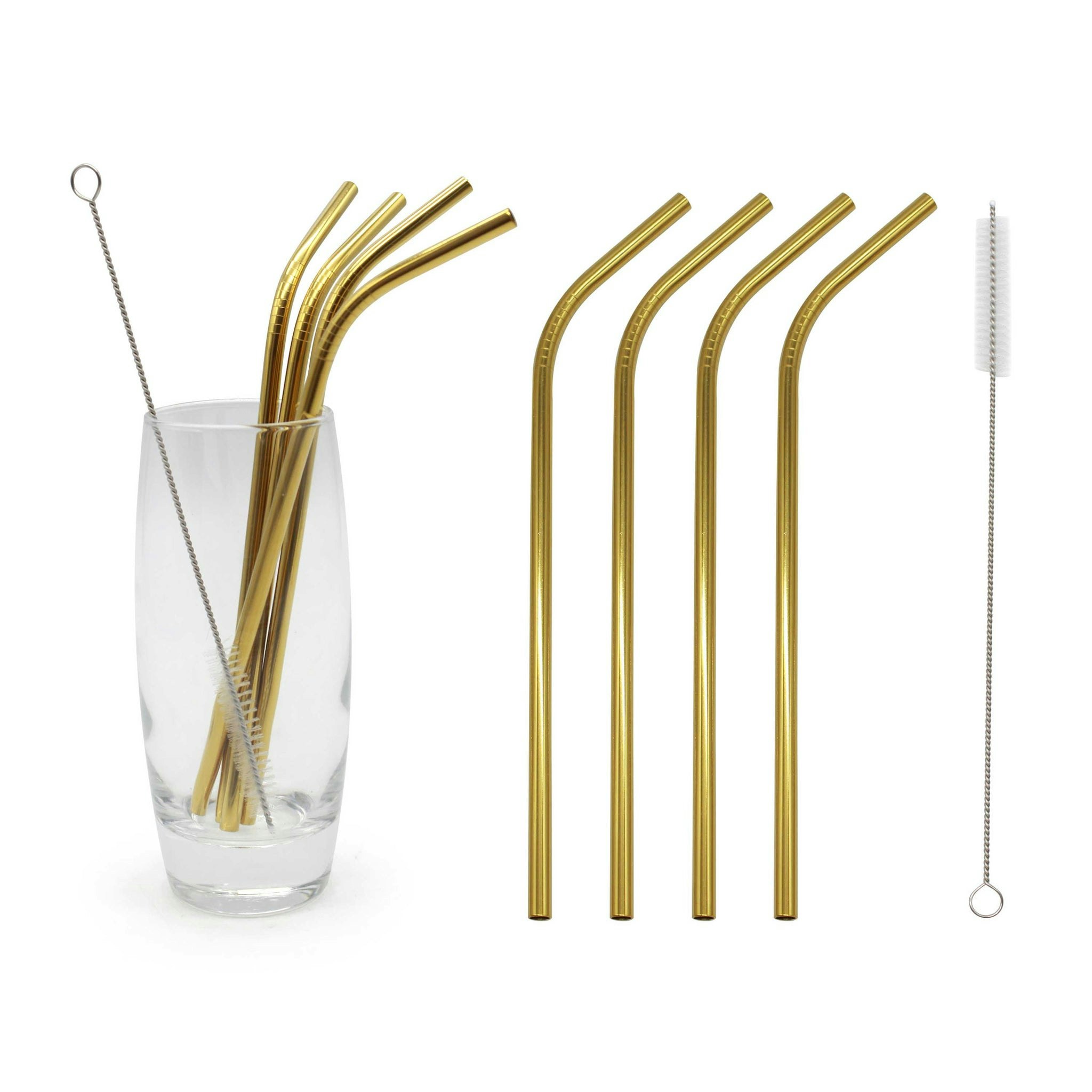 Glim & Glam Gold Straws Drinks Set Brush Stainless Steel 4Pcs - Stainless Steel Size 4