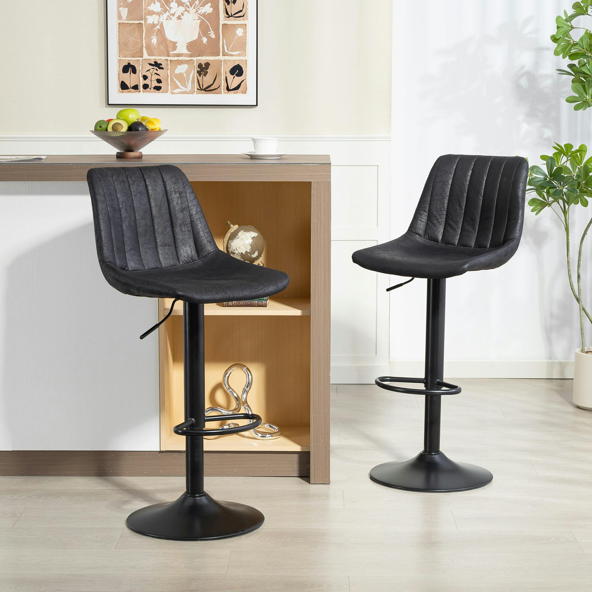 Rackhams Black Bar Stools Set Of 2 Adjustable Swivel Bar Chairs With Backrest - Leathaire, Sponge, Multilayer Board, Steel - Contemporary