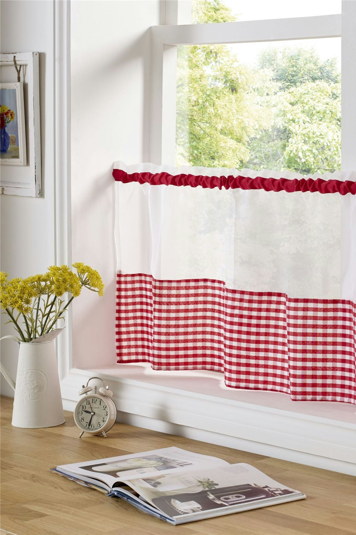 Rackhams Red Gingham Checked Kitchen Voile Curtain Café Panels - 24"