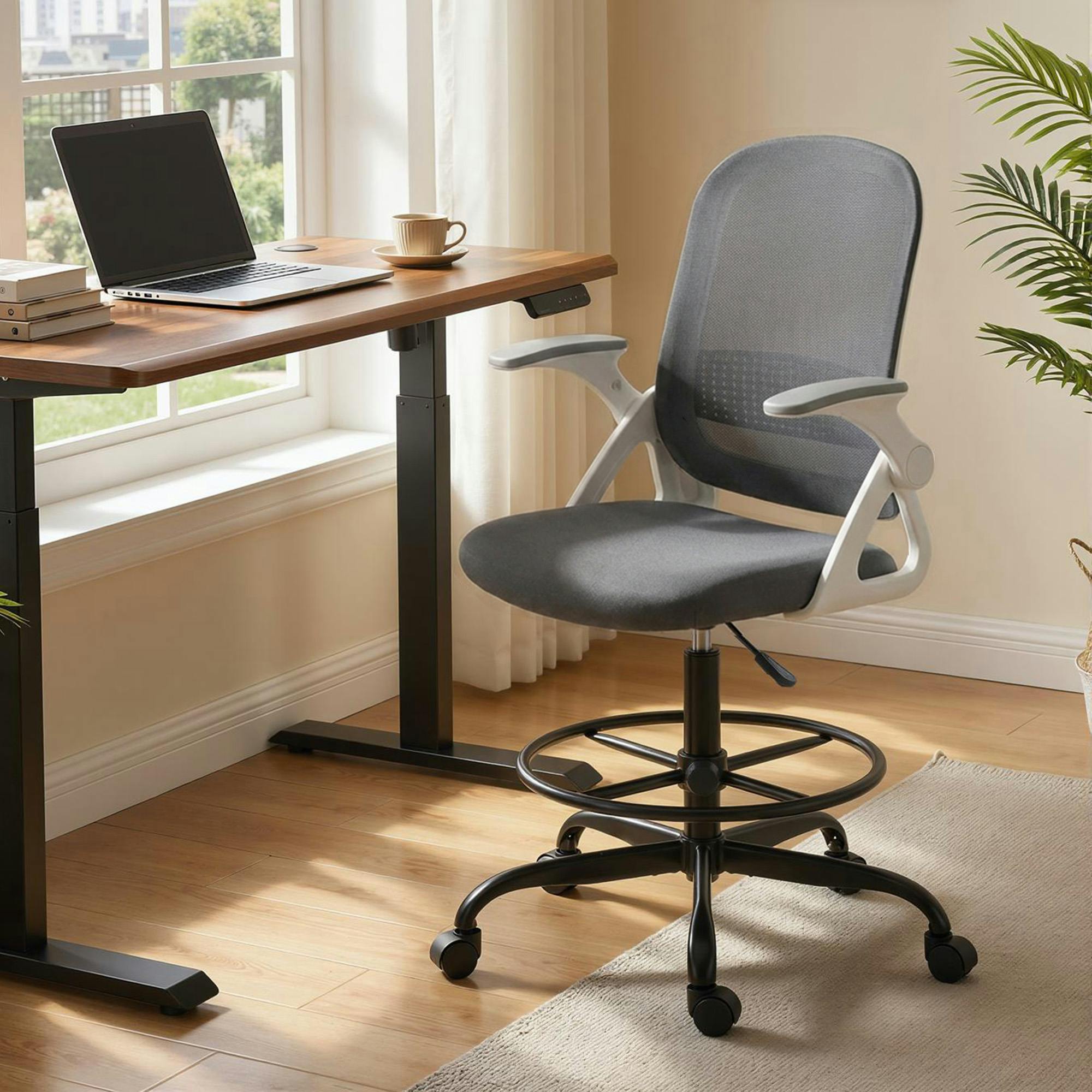 Homcom (Grey) Mesh Painting Chair, Rolling Desk Chair With Flip-Up Armrests - Image 2