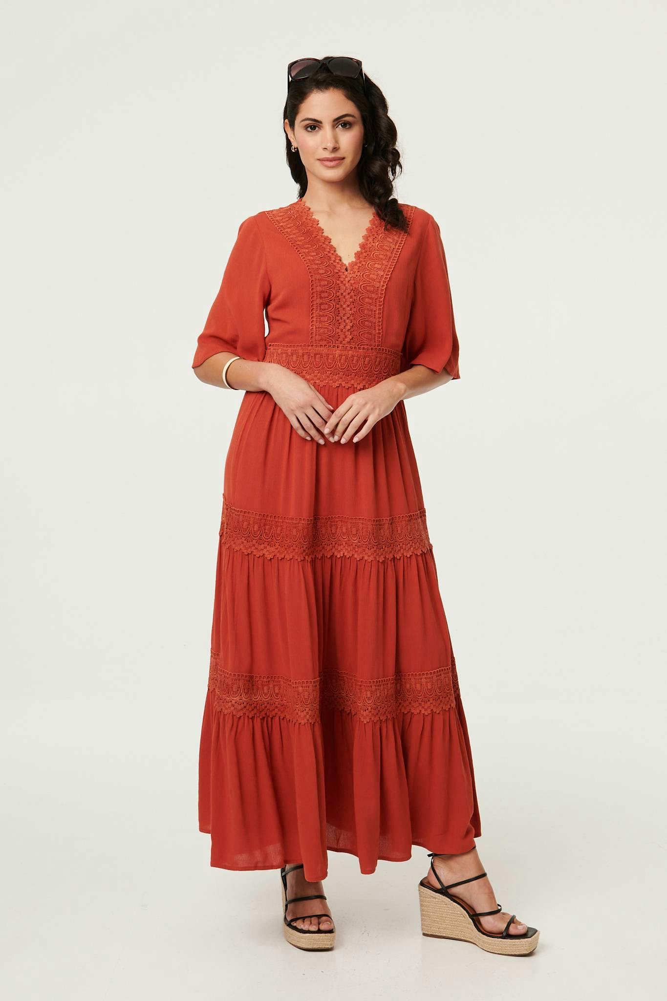 Izabel London Orange Lace Trim Tiered 1/2 Sleeve Maxi Dress - 8