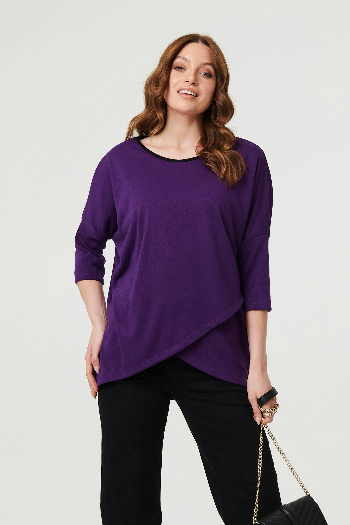 Izabel London Purple Asymmetric Zip Hem 3/4 Sleeve Tunic Top - 12