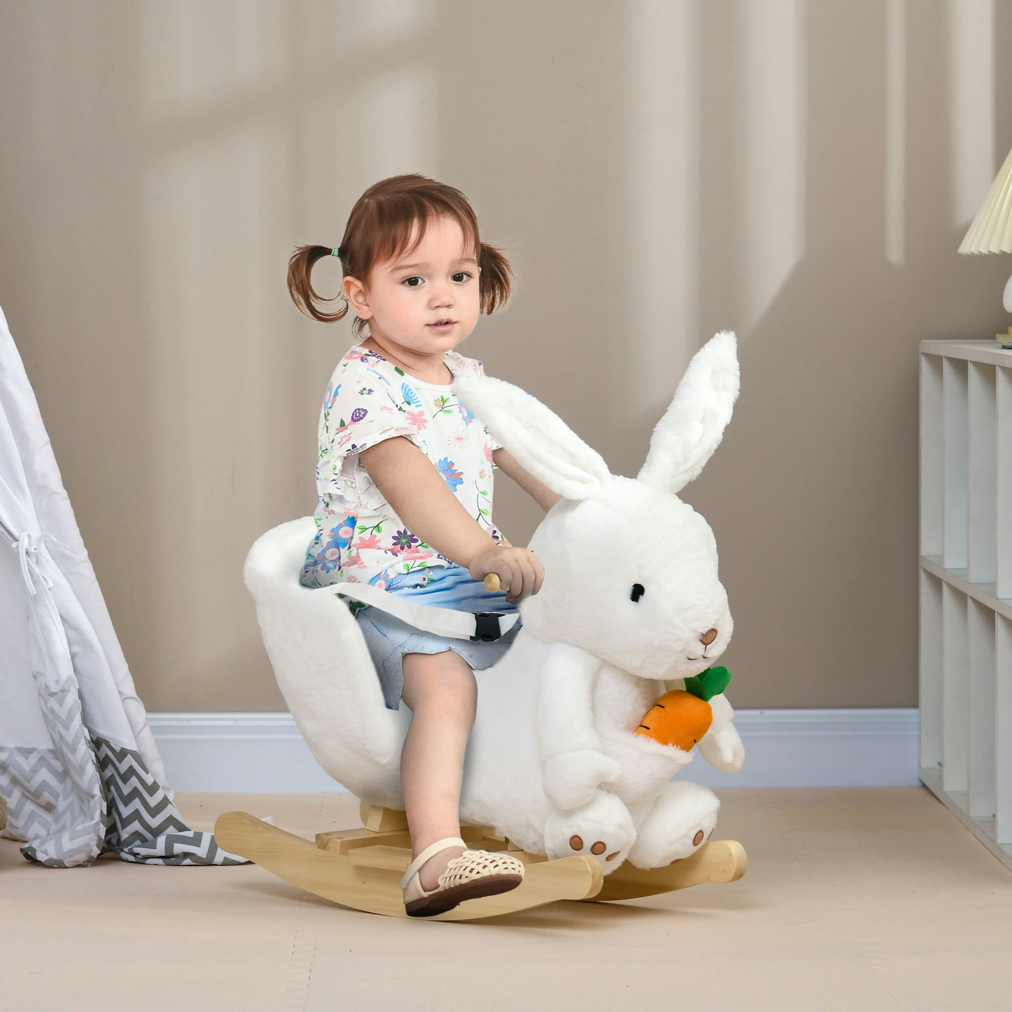 Homcom White Kids Rabbit-Shaped Rocking Horse W/ Realistic Sounds, Safety Belt - 60 X 33 X 50Cm - Kids Rocking Horse