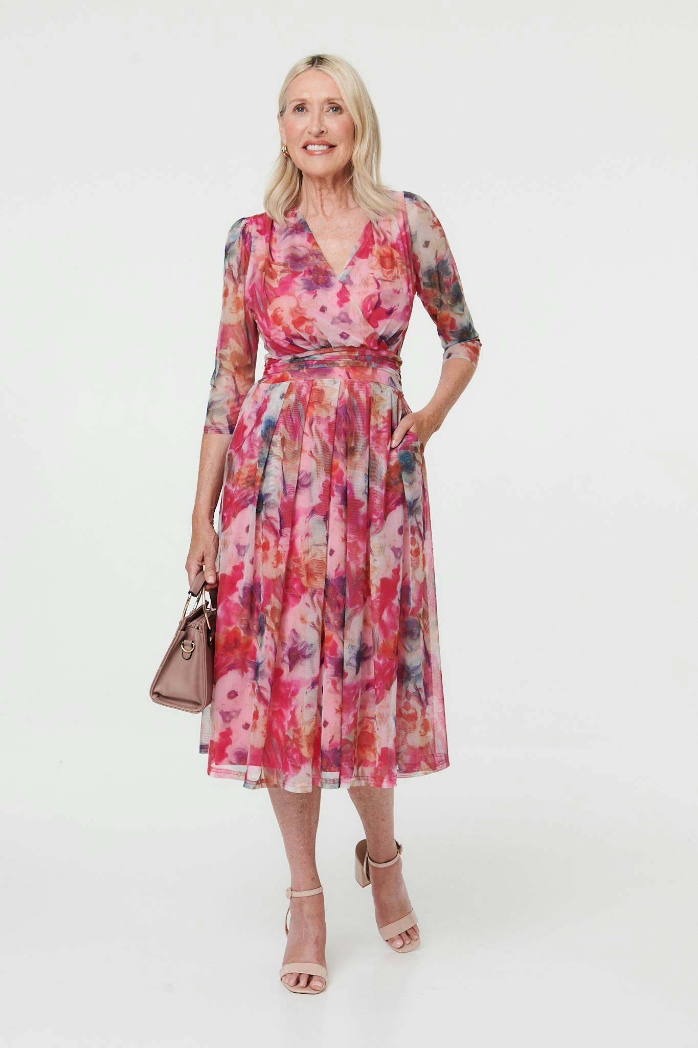 Izabel London Pink Floral Mesh Layered Pleated Midi Dress - 18