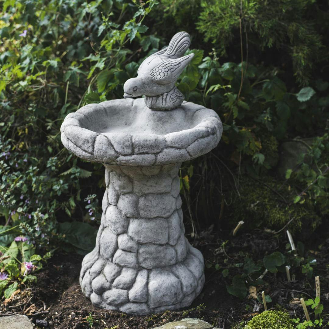 Rackhams Enchanting Stone Cast Pebble Design Birdbath With Bird