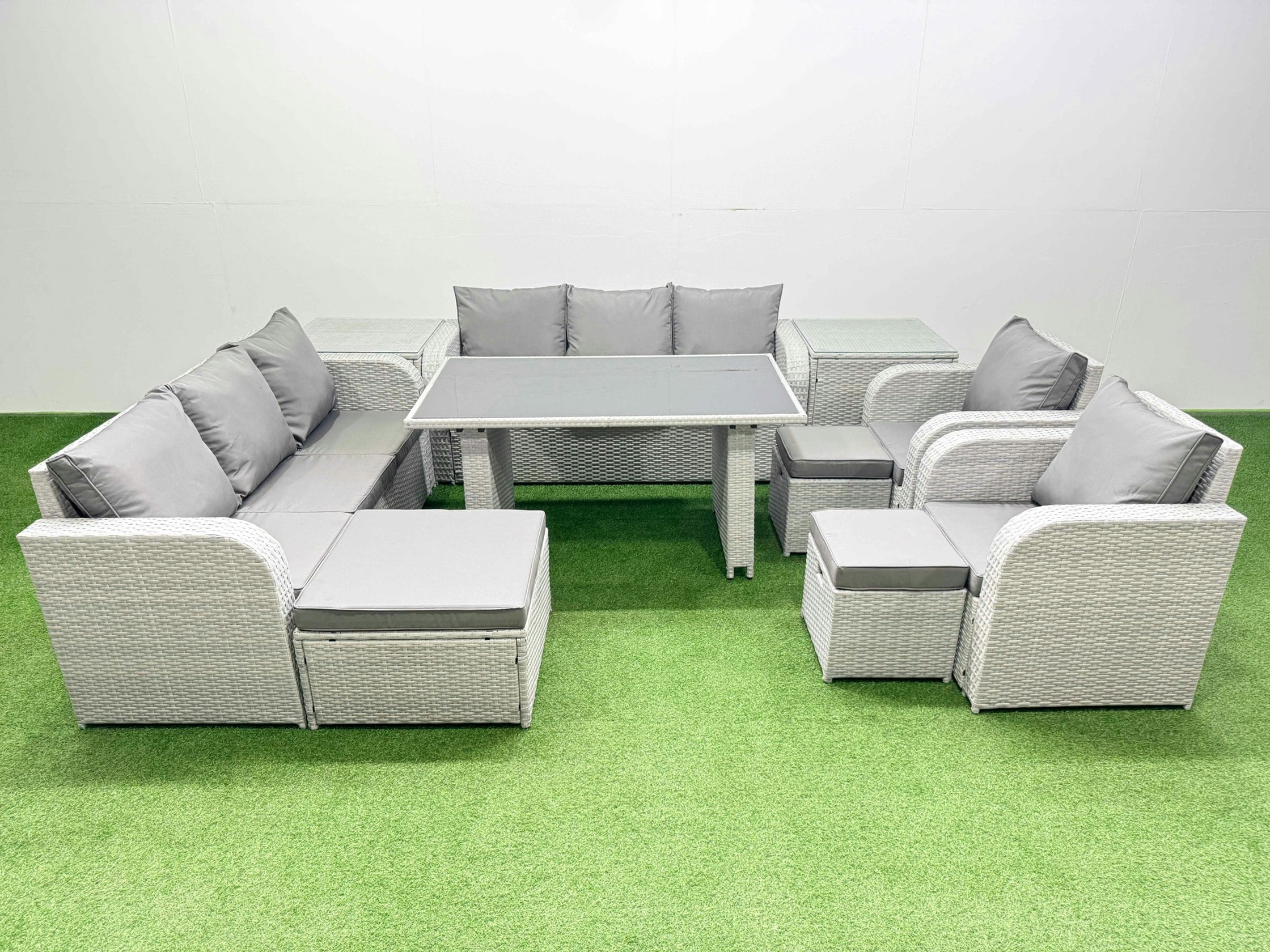 Fimous Light/Grey 11 Seater Wicker Pe Rattan Furniture Outdoor Dining Table 3 Seater Sofa Reclining Chair Set With 2 Side Tables 3 Stools