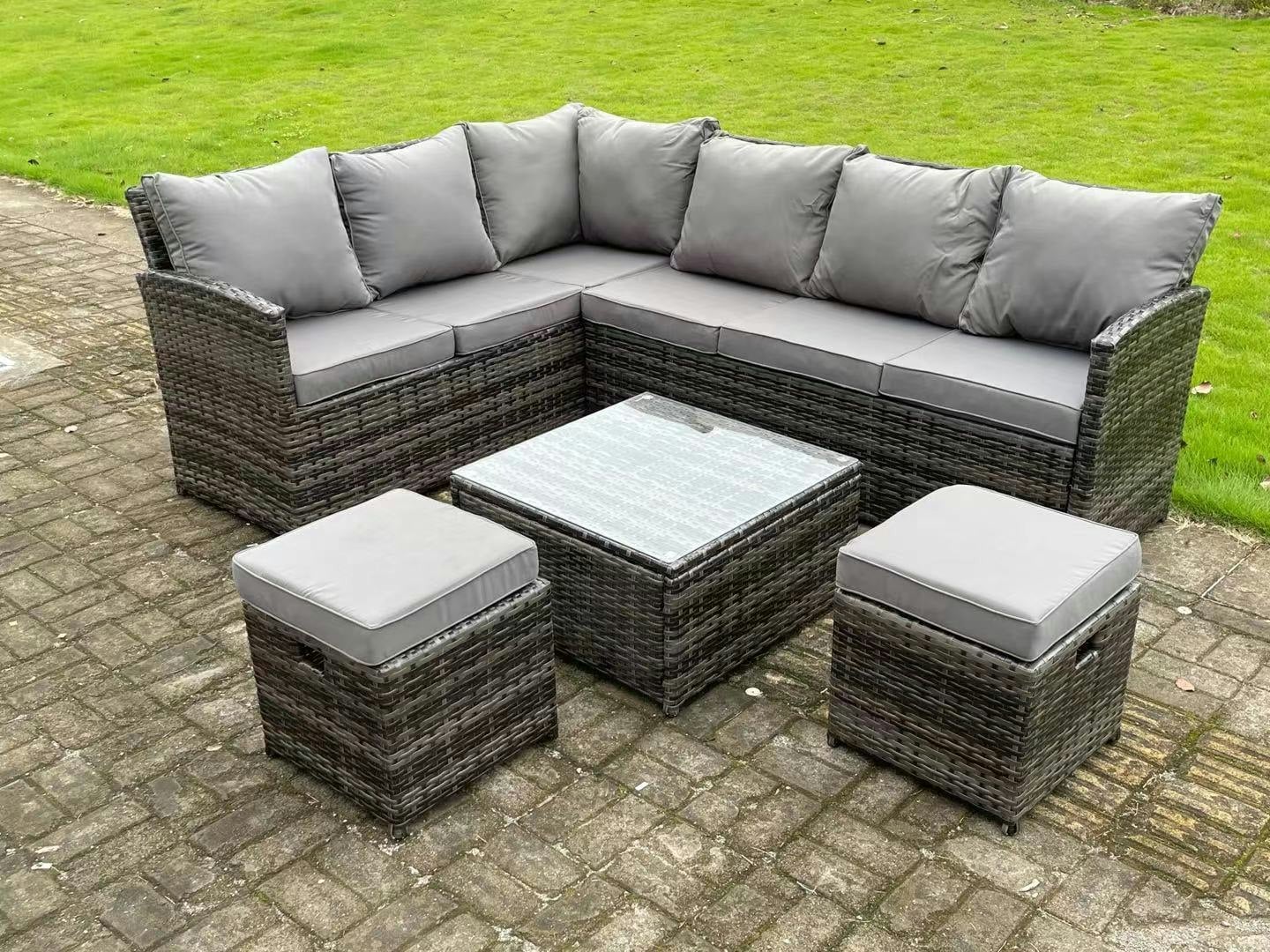 Fimous Dark/Grey High Back Mixed Rattan Corner Sofa Set Outdoor Furniture Square Coffee Table 2 Small Footstools 8 Seater