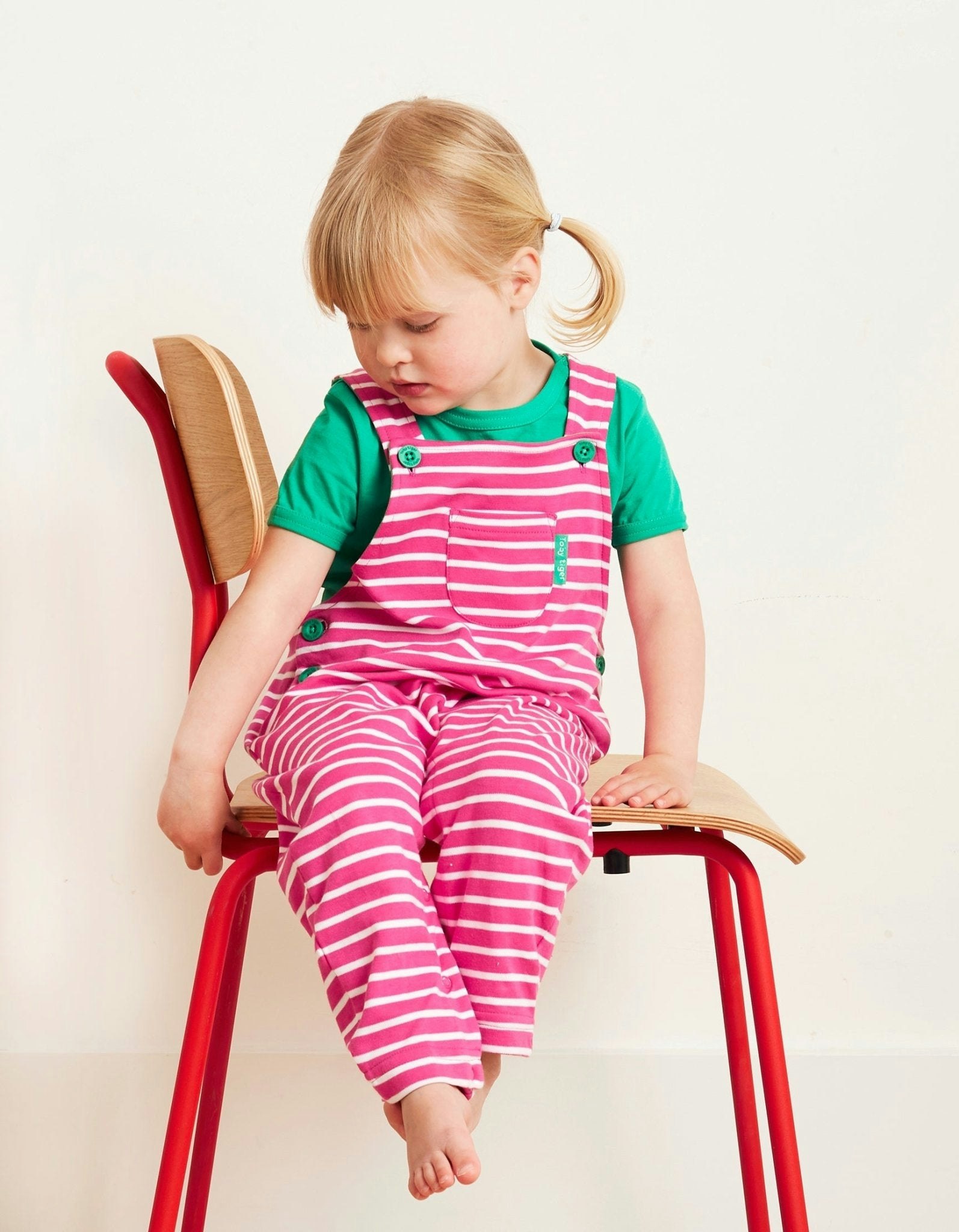 Toby Tiger Pink Organic Breton Stripe Dungarees - 18-24M / 92Cm