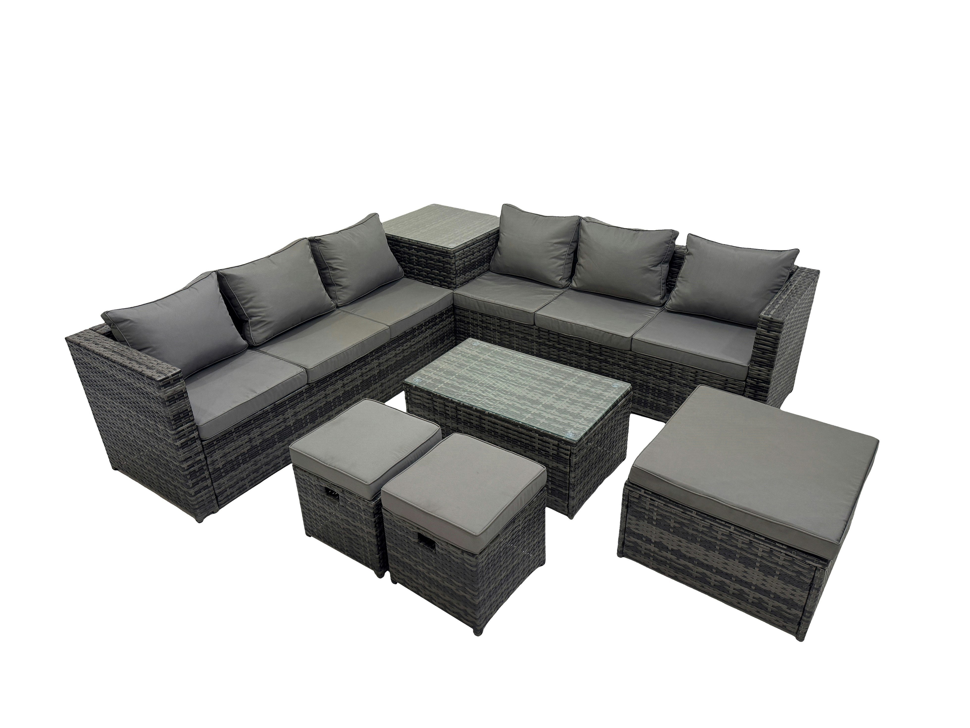 Rackhams Dark/Grey 9 Seater Garden Outdoor Rattan Furniture Set Patio Corner Sofa Rectangular Coffee Table With Side Table 3 Stool