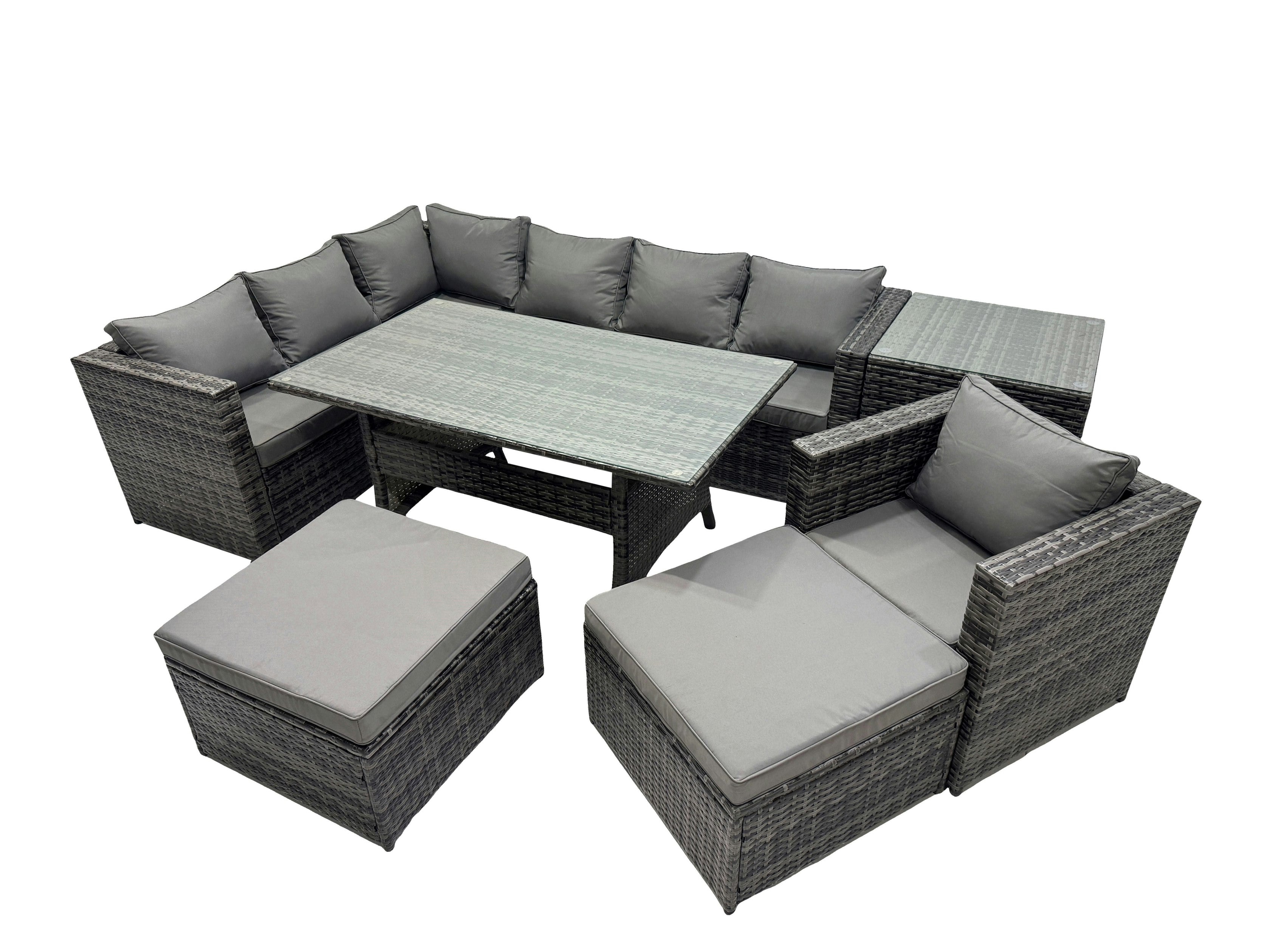 Fimous Dark/Grey Outdoor Pe Rattan Sofa Set With Dining Table Patio Garden Furniture Sets With Side Table 2 Big Stool Mixed