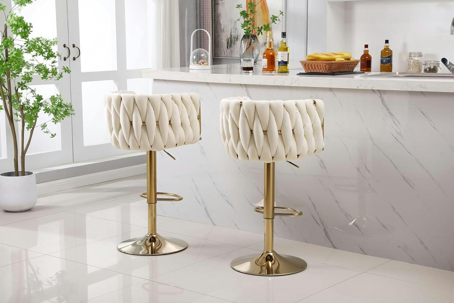Hygrad Built To Survive Gold/Beige Velvet Swivel Bar Stools With Base – Set Of 2 | Hygrad®
