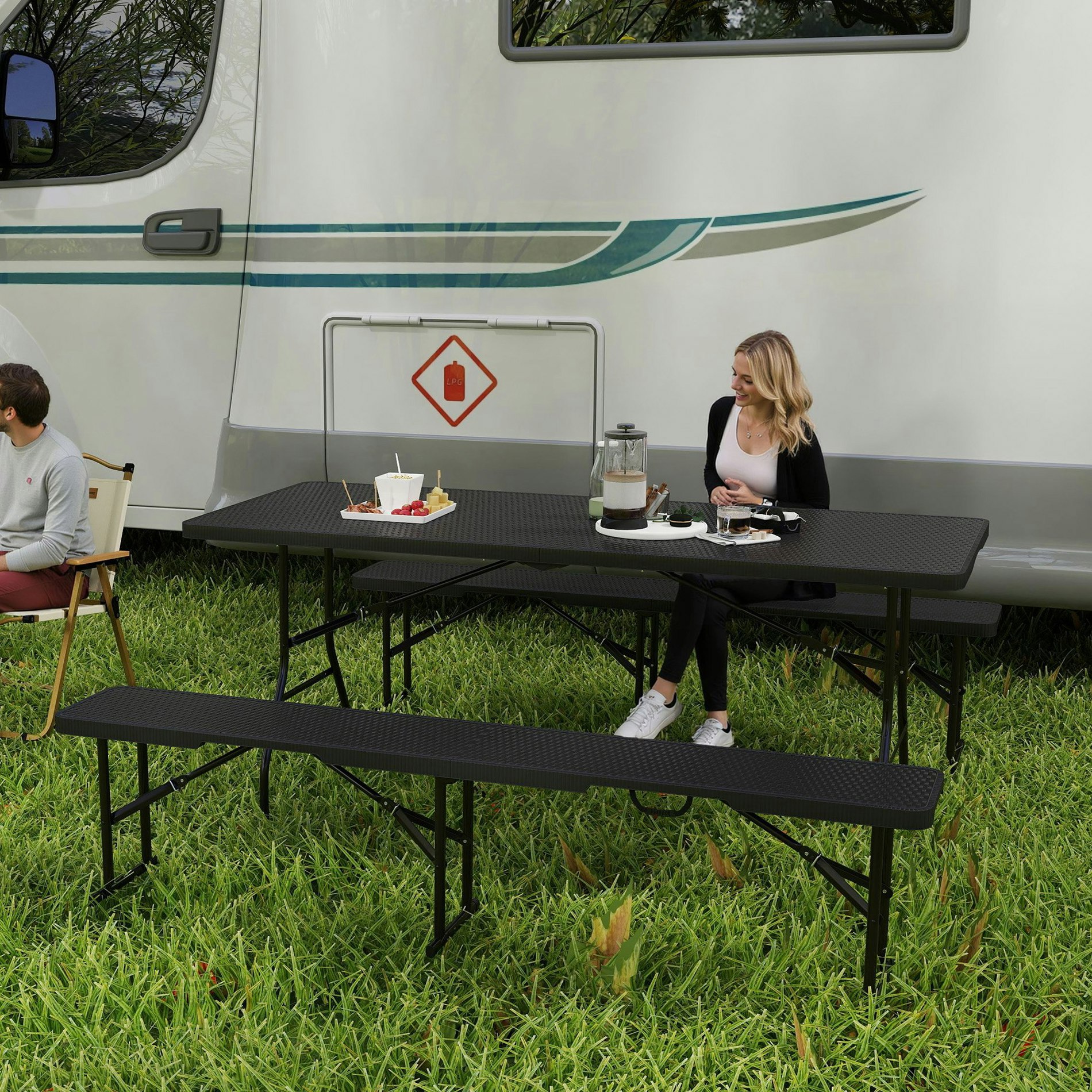 Rackhams Black Rattan Effect Folding Picnic Table And Bench Set W/ Handles,