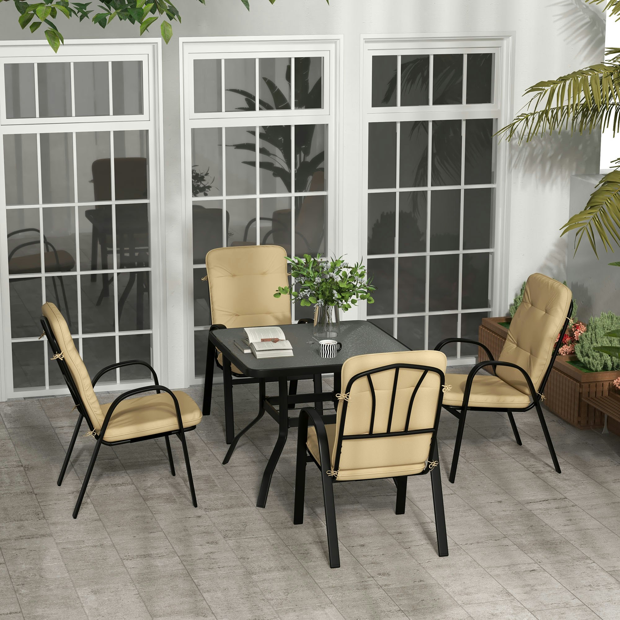 Rackhams Beige Garden Dining Set, Glass Table W/ Umbrella Hole - Steel, Texteline, Polyester - 88Cmx88cmx71cm