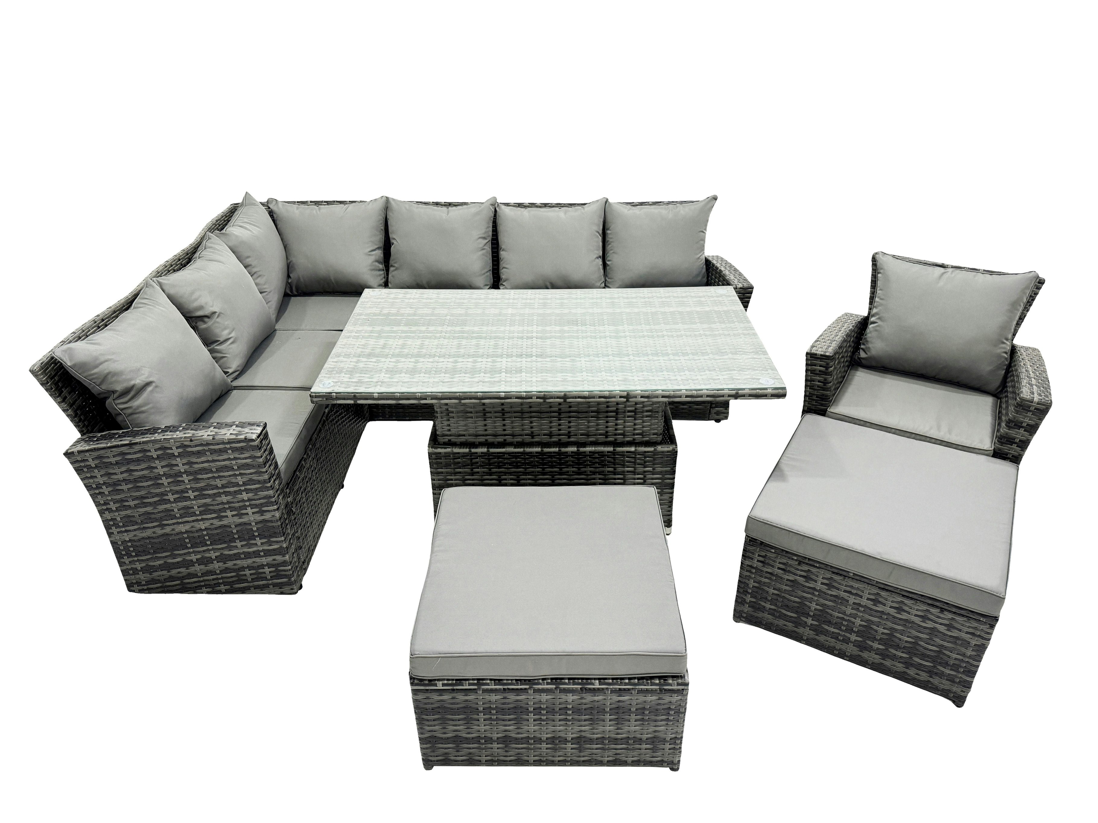Fimous Dark/Grey Poly Rattan Outdoor Patio Height Adjustable Rising Lifting Table Corner Sofa Set With 2 Big Stool,Chair For Garden Backyard Mixed