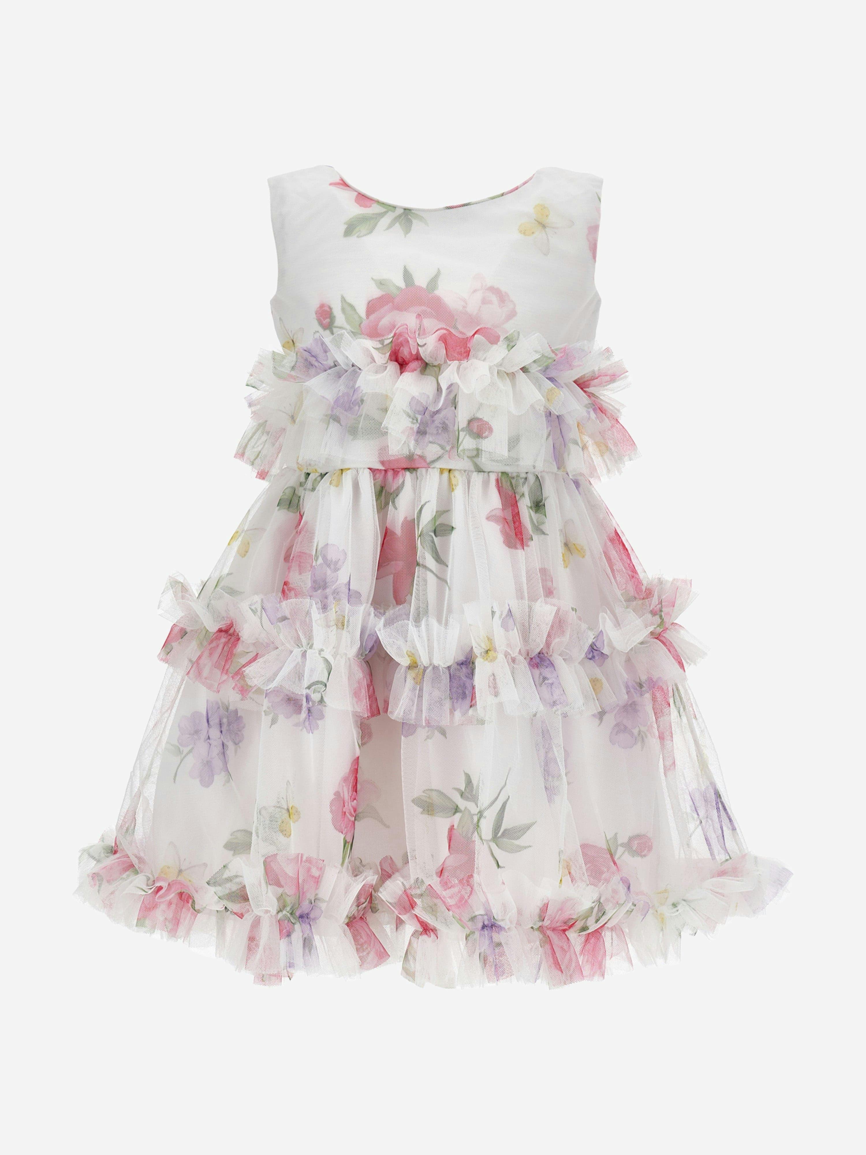 Monnalisa Girls White Tulle Flower Dress In - 8 Yrs