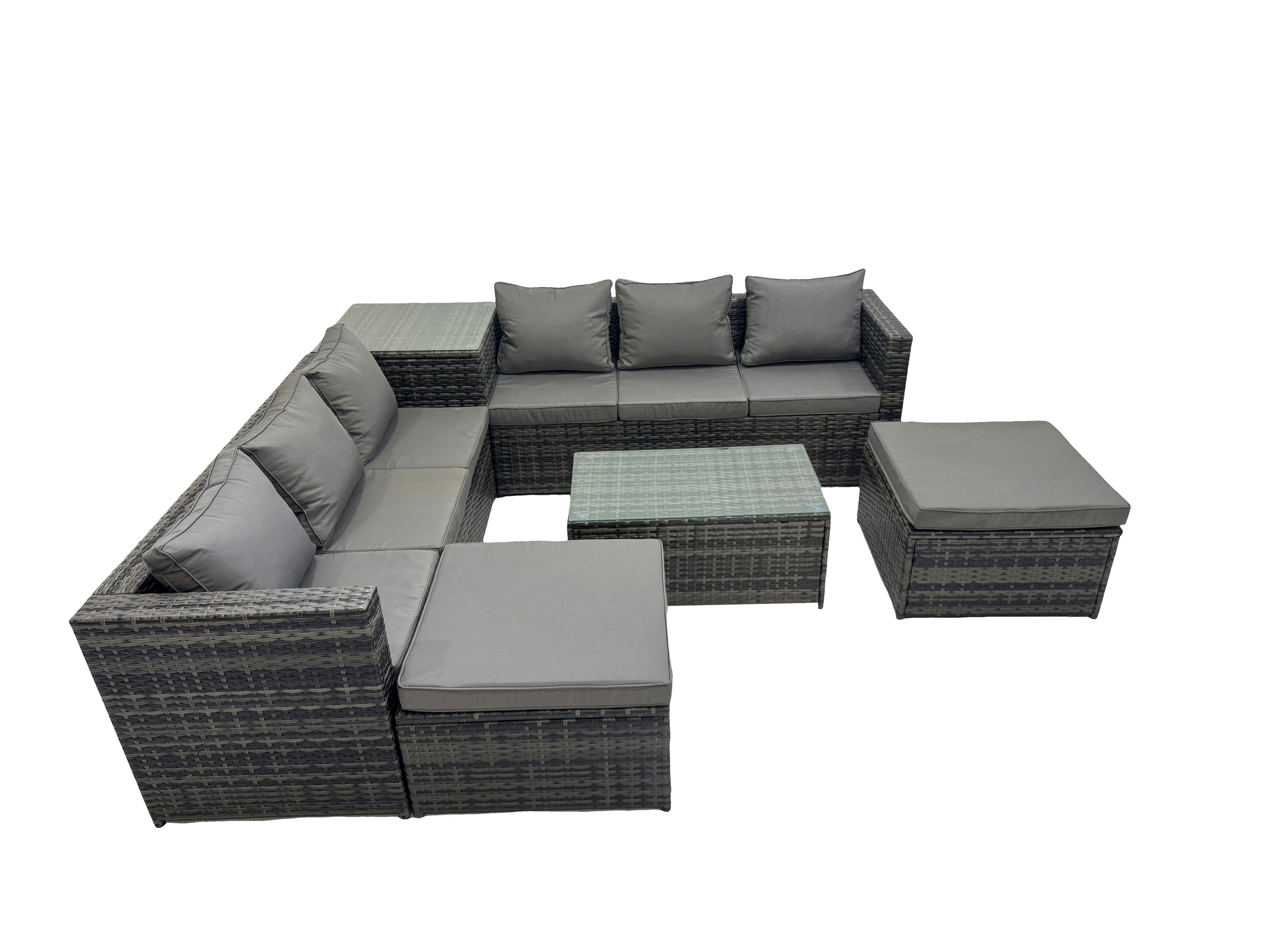 Fimous Dark/Grey 8 Seater Garden Outdoor Rattan Furniture Set Patio Corner Sofa Rectangular Coffee Table With Side Table 2 Big Stool