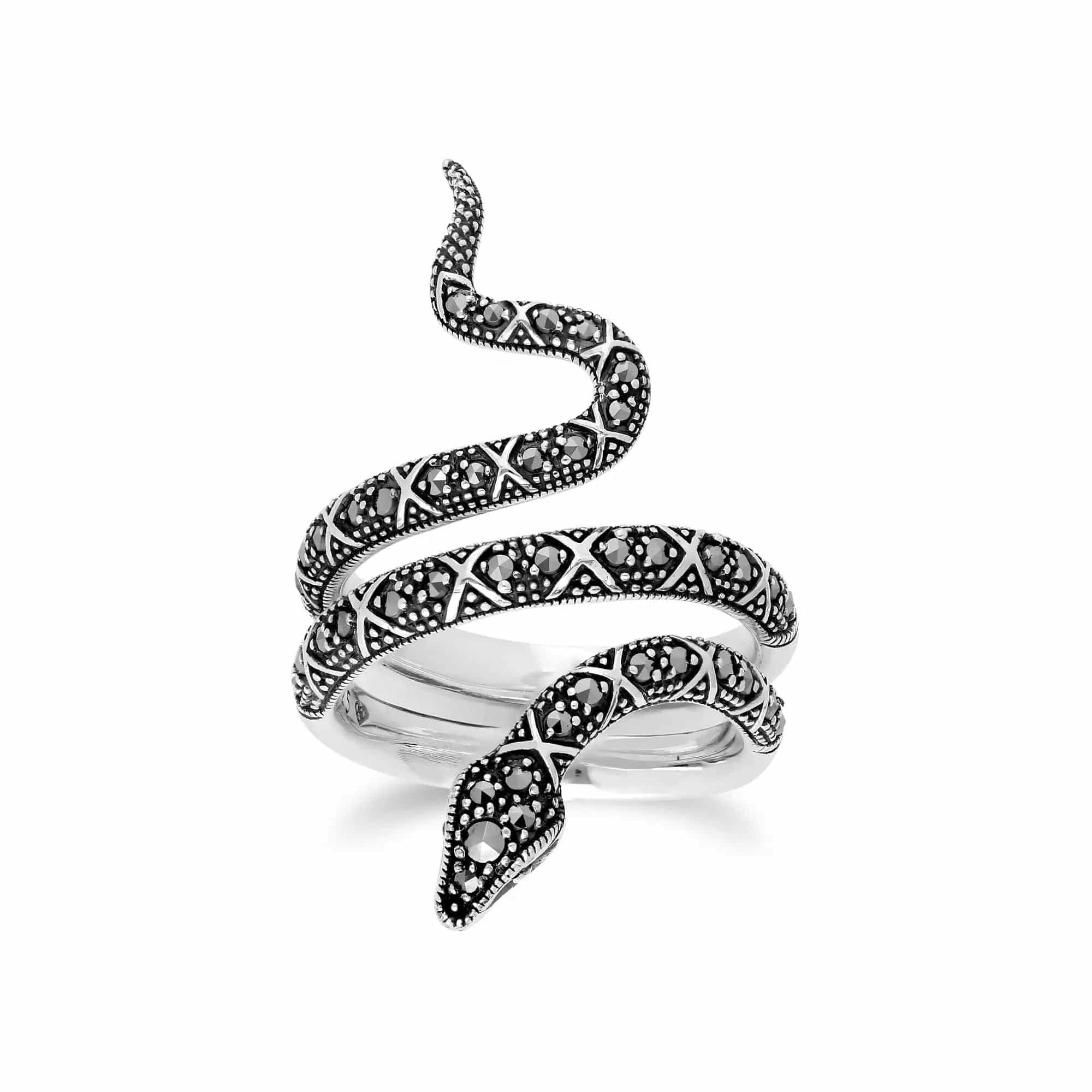 Gemondo Silver Art Nouveau Style Round Marcasite Snake Statement Ring In 925 Sterling - N