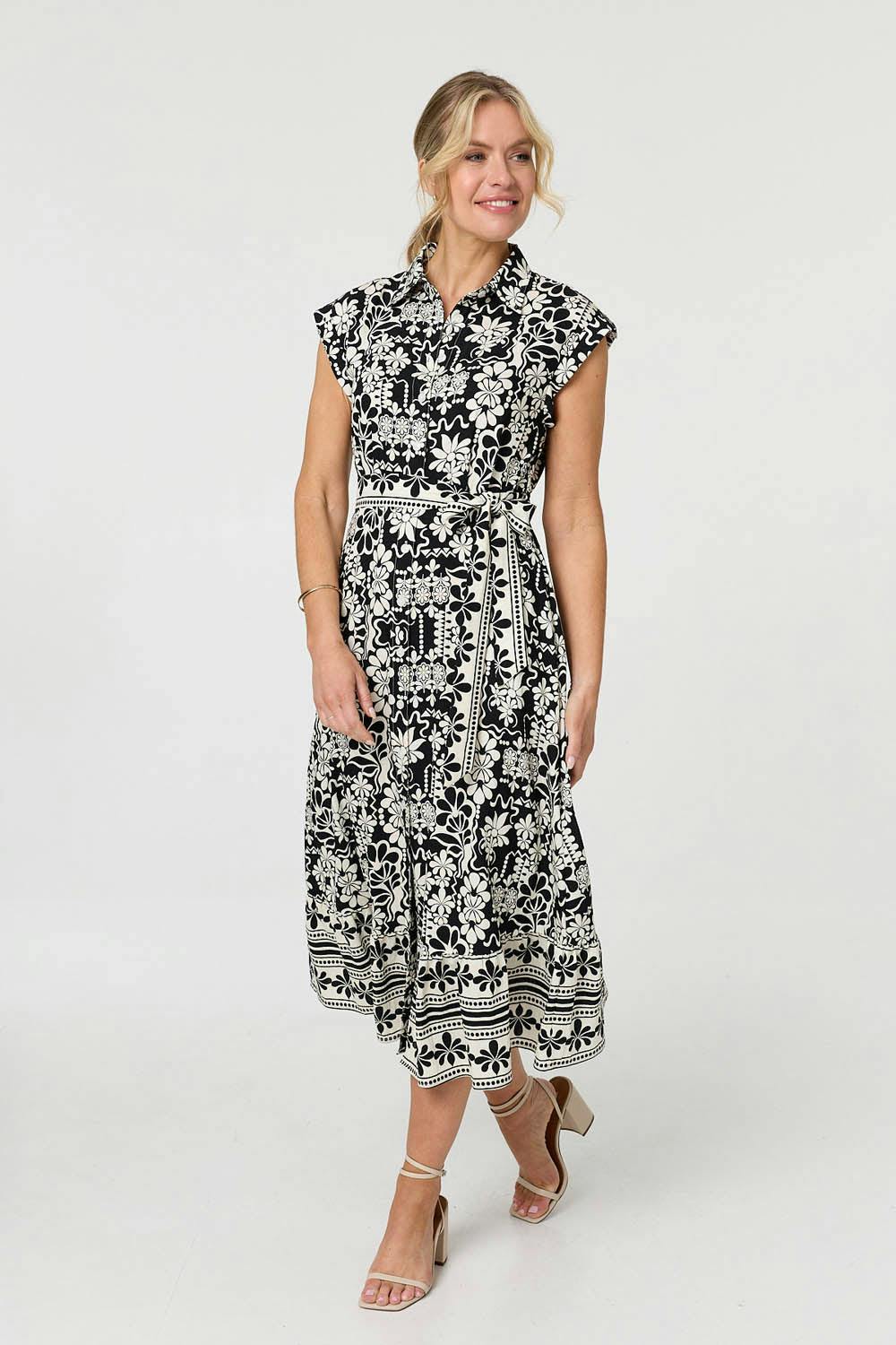 Izabel London Black Floral Cap Sleeve Tie Midi Shirt Dress - 10