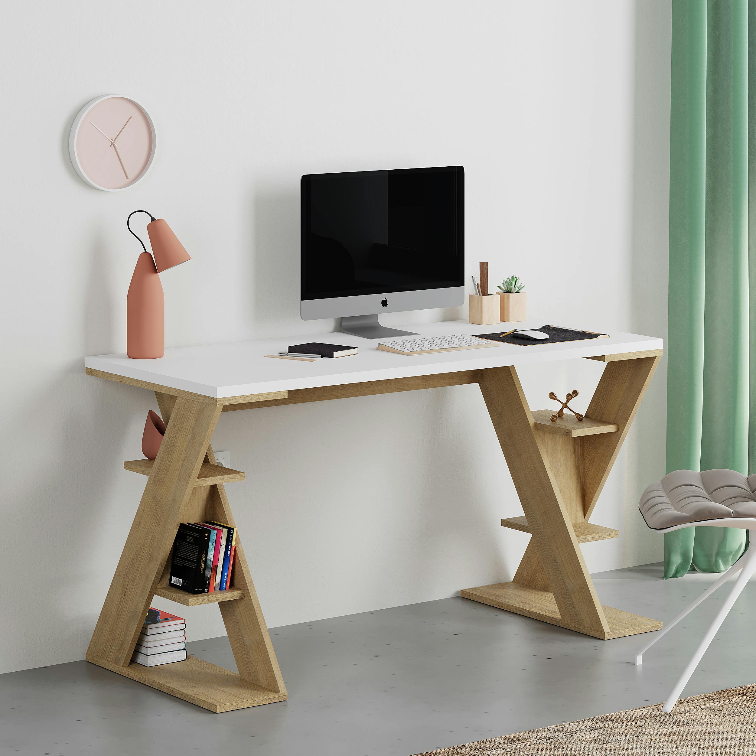 Decortie Papillon Desk With Bookshelf Storage Legs Modern Minimalist Workspace Desk 137X75x60 Cm - Oak
