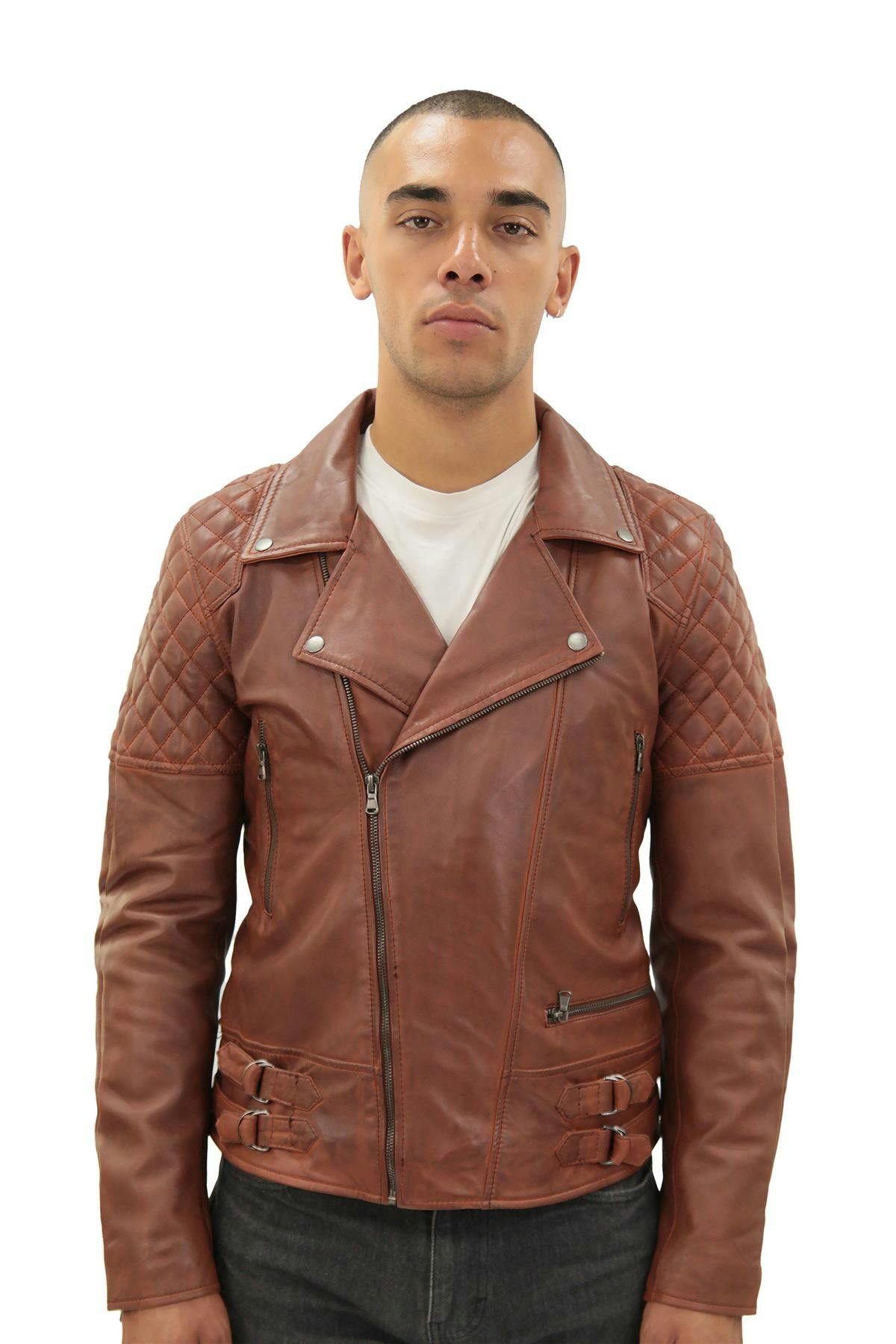 Infinity Leather Men's Bordeaux Quilted Leather Biker Jacket - Tan - Uk 3XL | Eu 56 | Us 46