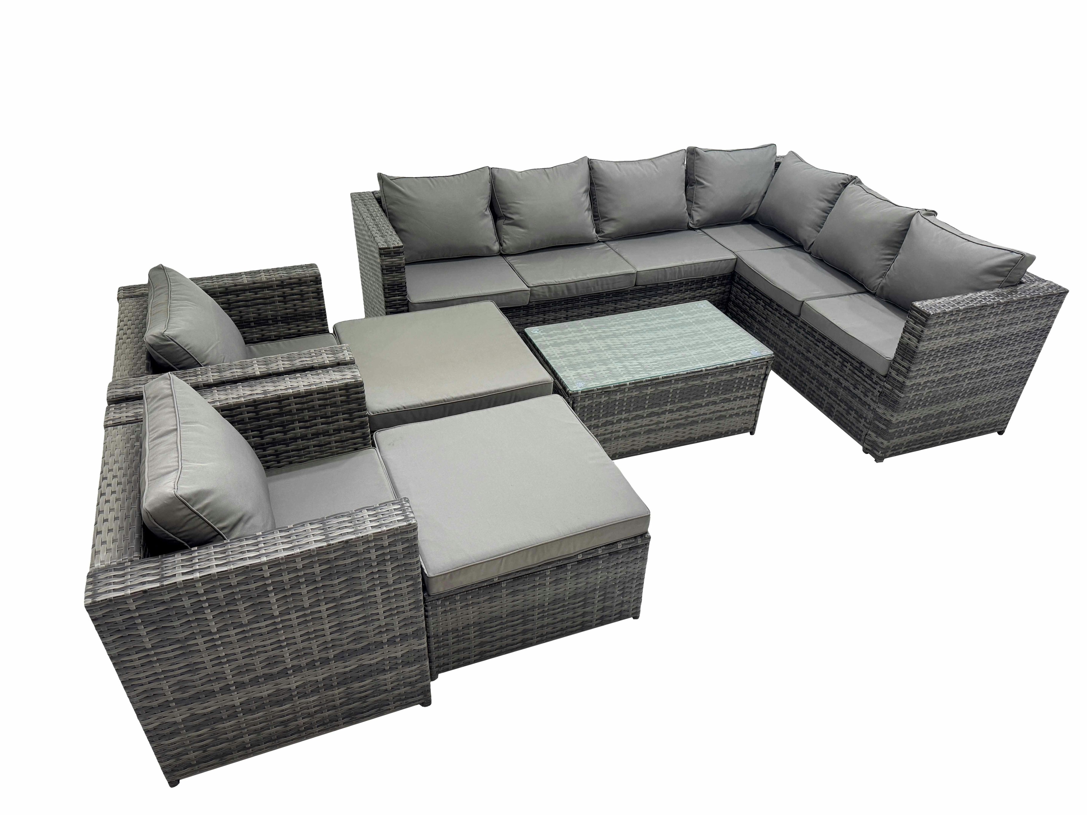 Rackhams Dark/Grey Patio Sofa Oblong Coffee Table Set Rattan Garden Furniture Set With 2 Chairs 2 Big Stools Mixed