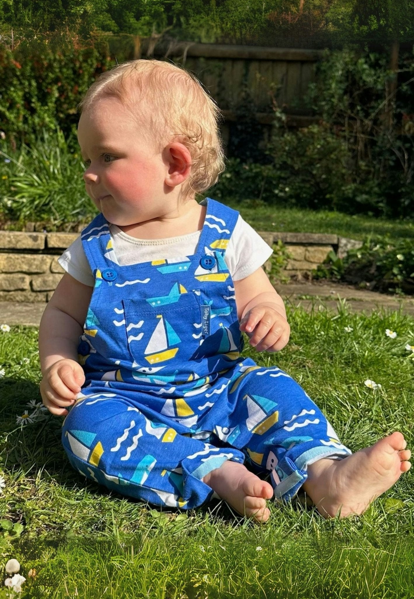 Toby Tiger Blue Organic St Ives Print Dungarees - 12-18M / 86Cm