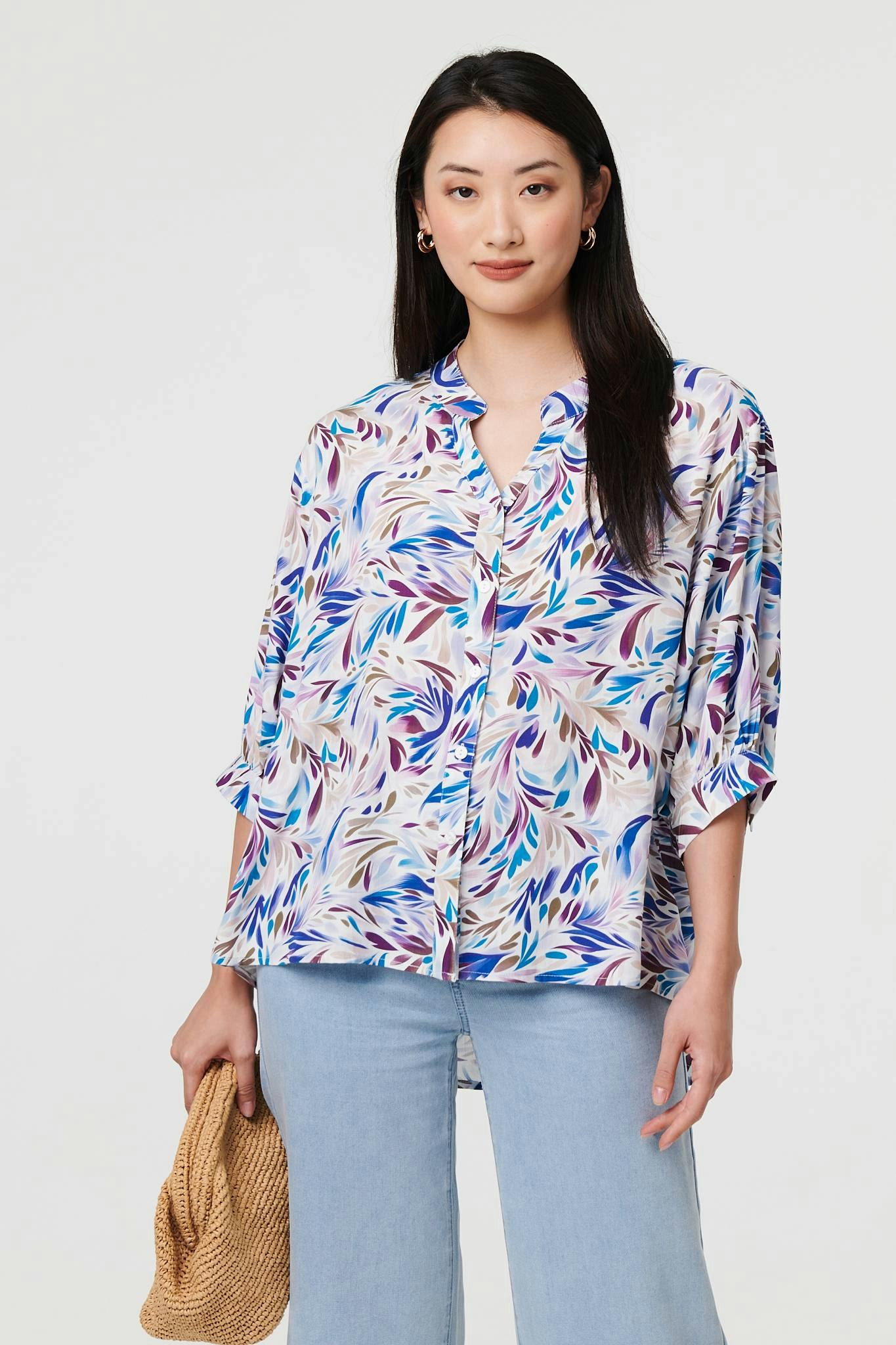 Izabel London Blue Abstract Curve Hem 3/4 Sleeve Shirt - 16