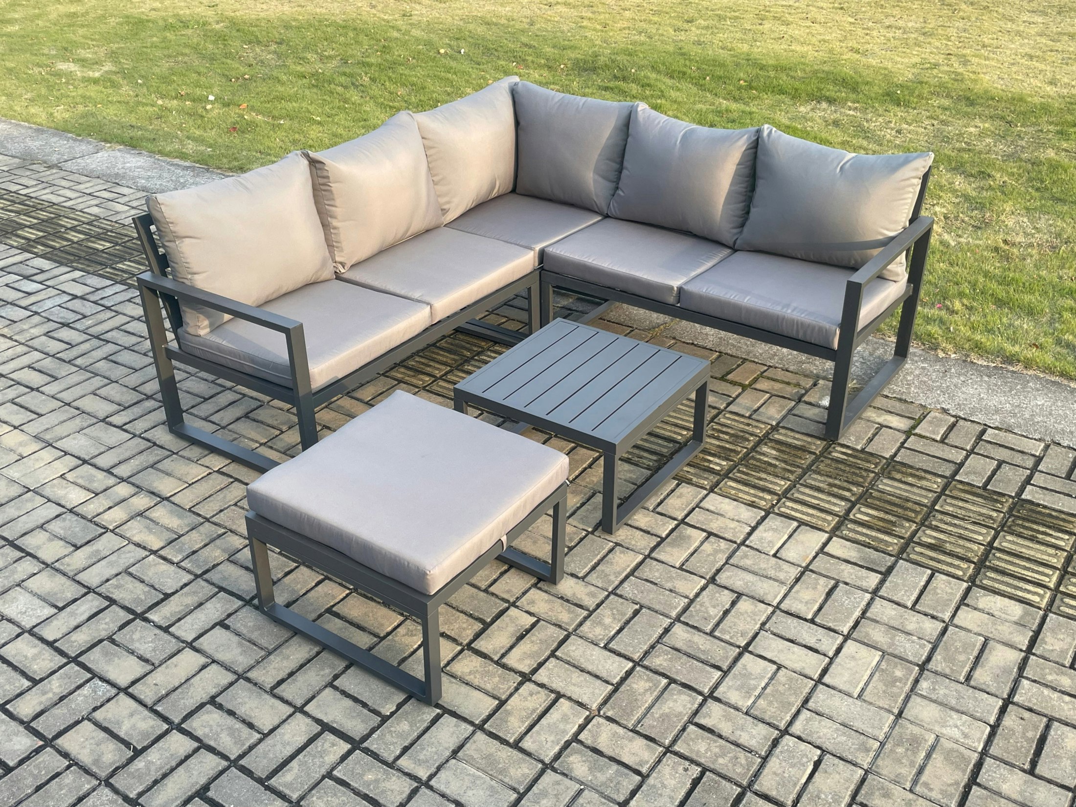 Fimous Dark/Grey Outdoor Garden Furniture Set Aluminium Lounge Sofa Square Coffee Table Sets With Big Footstool Indoor Conservatory Set