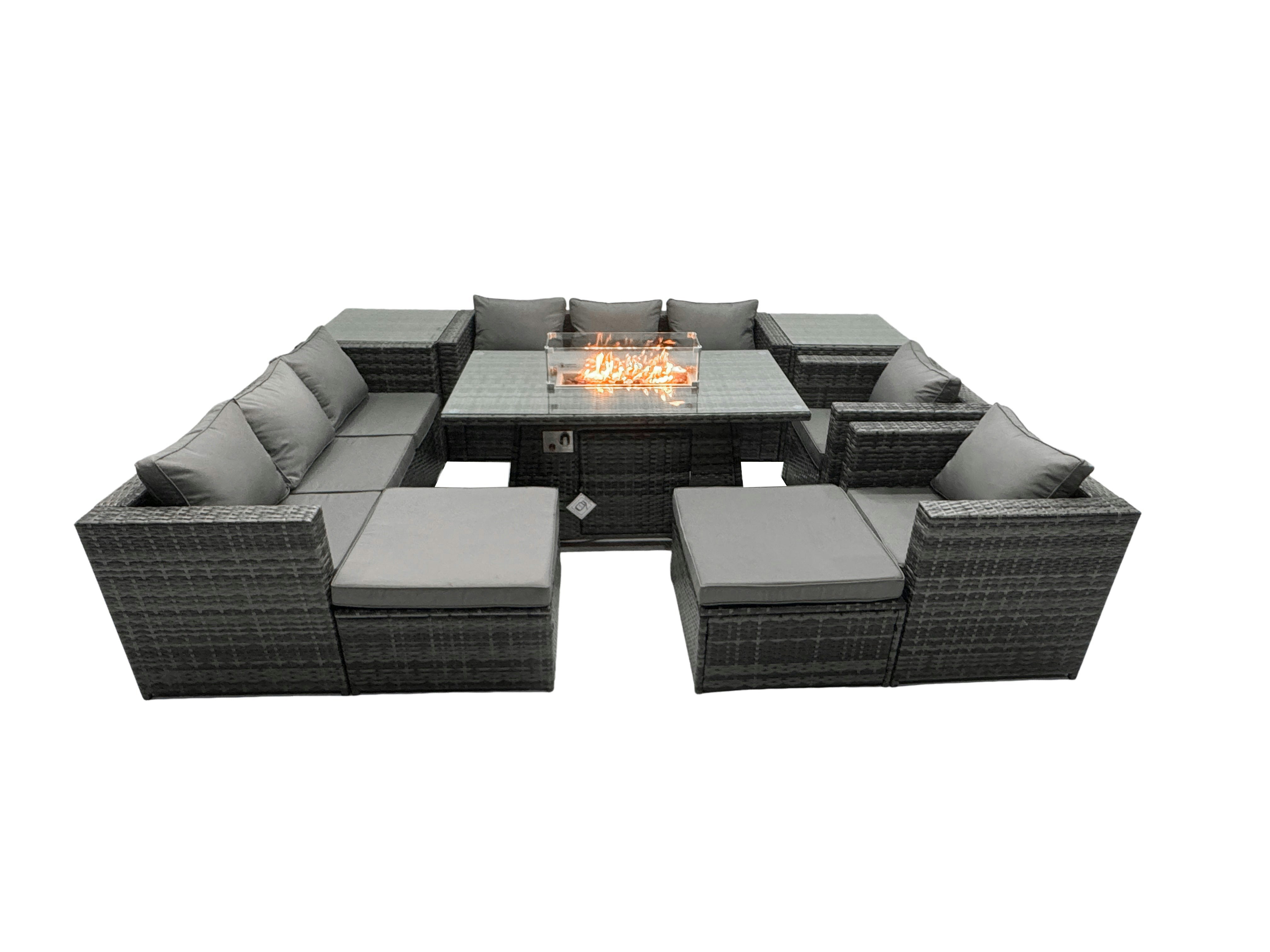 Rackhams Dark/Grey Rattan Garden Furniture Firepit Dining Set Seater Lounge Sofa Table Set With 2 Side Table 2 Big Footstool Size 10