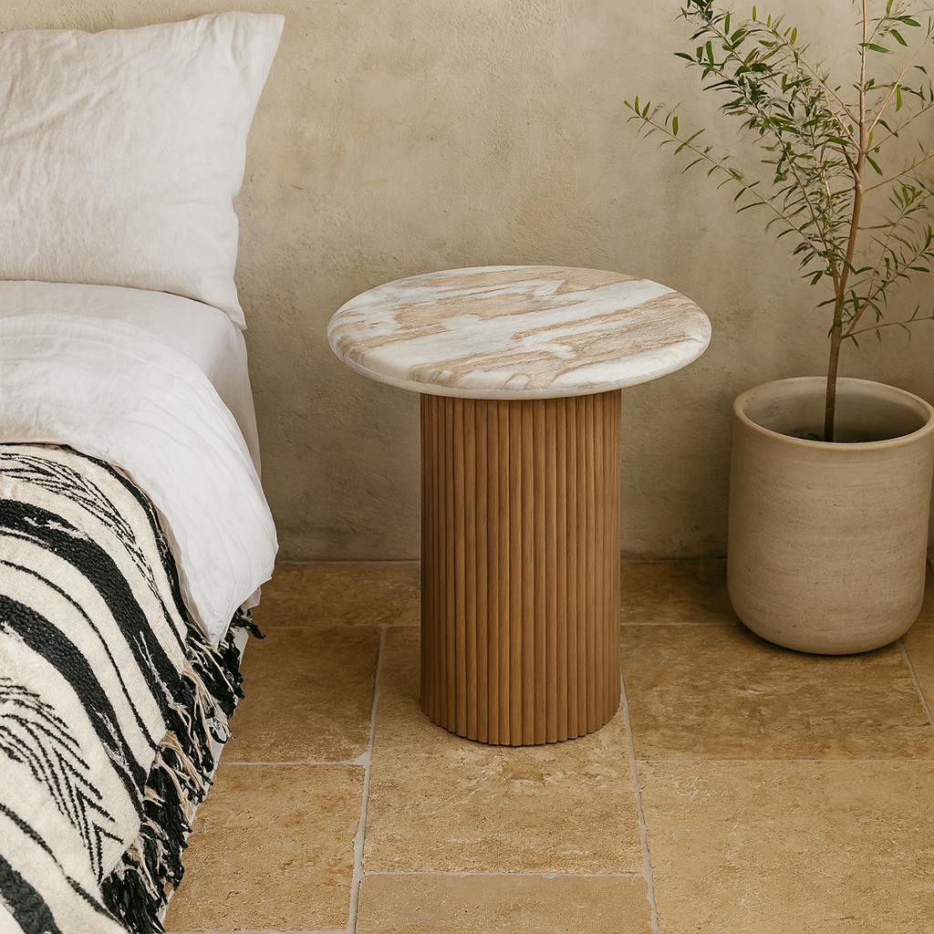 Wyld Haus Brown Boston Natural Oak And Marble Pedestal Side Table
