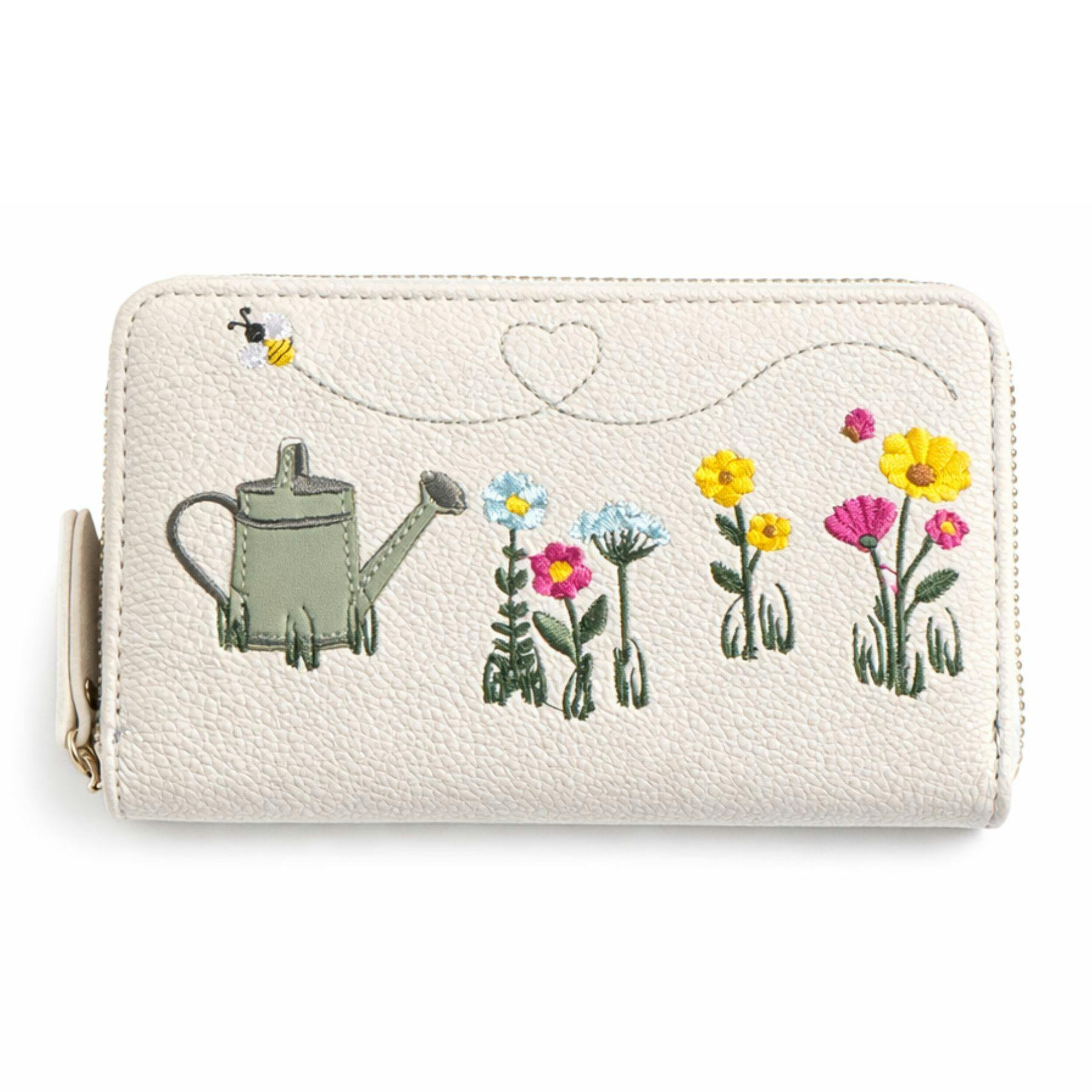 Fores Collection Cream Bee & Watering Can Gardening Embroidered Zip Around Purse