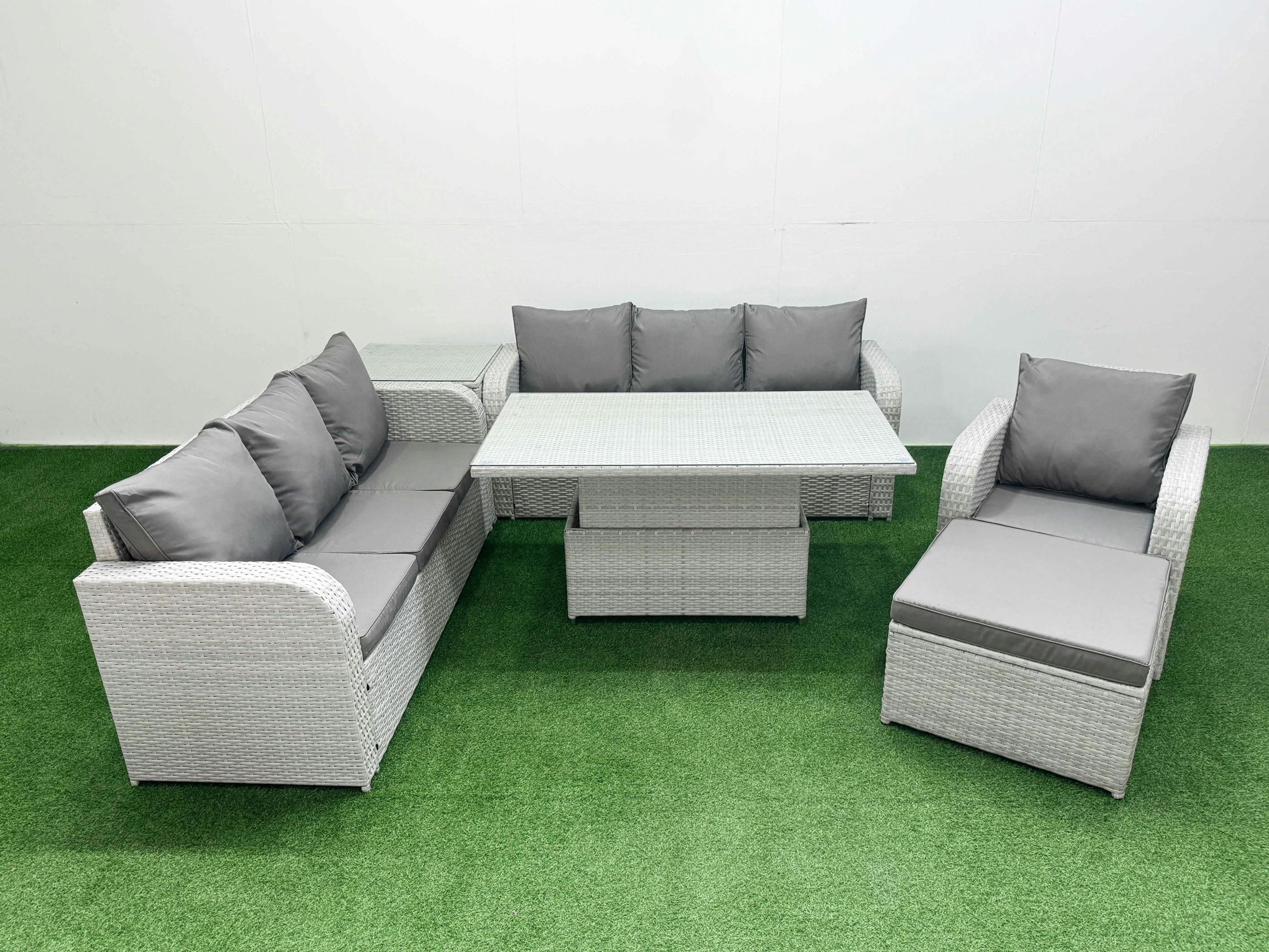 Fimous Light/Grey 8 Seater Poly Rattan Garden Furniture Patio Set, Adj Height Table, 3 Seater Sofas, Reclining Chair, Big Footstool, Side Table,