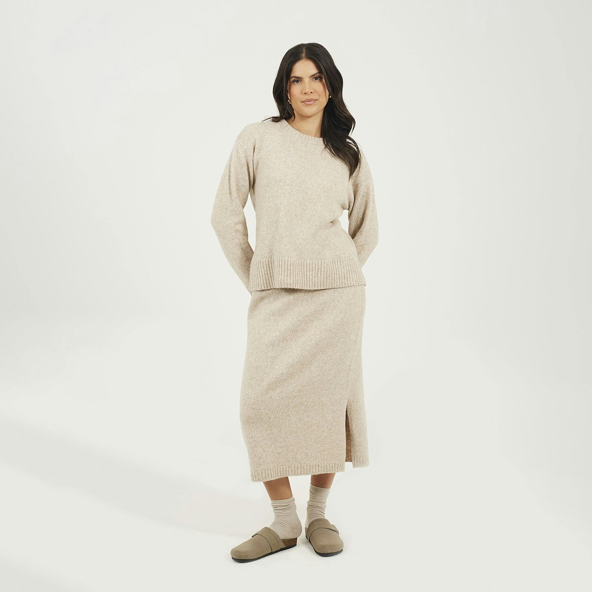 Brave Soul Light/Beige Knitted Jumper And Midi Skirt Set - M