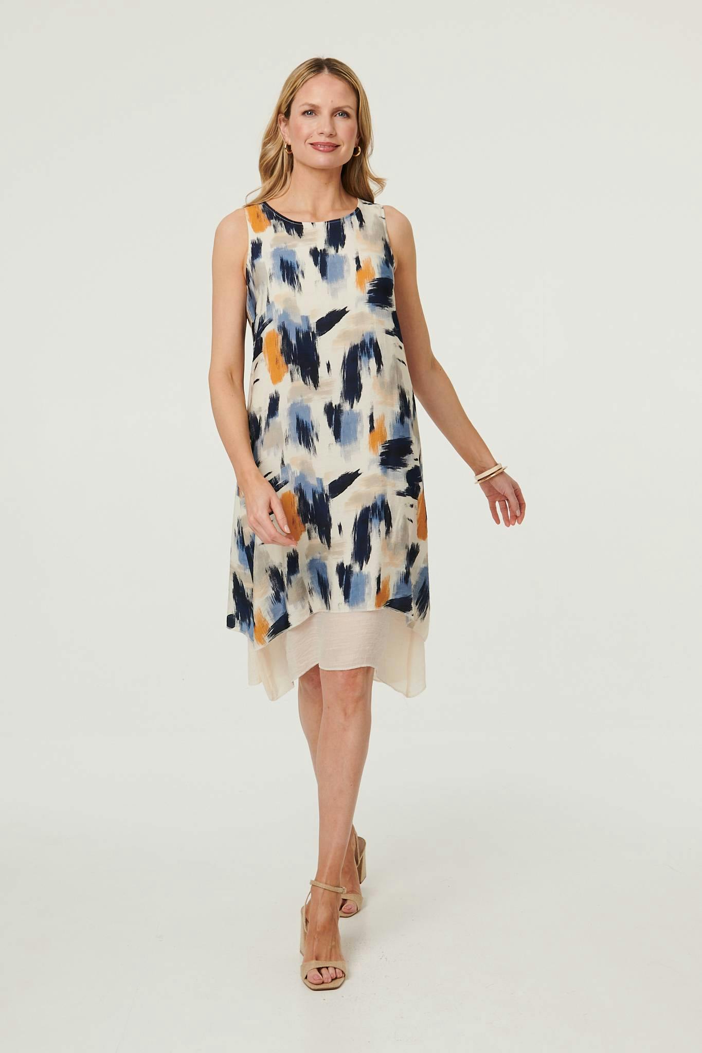 Izabel London Blue Brushstroke Print Knee Length Dress - 10