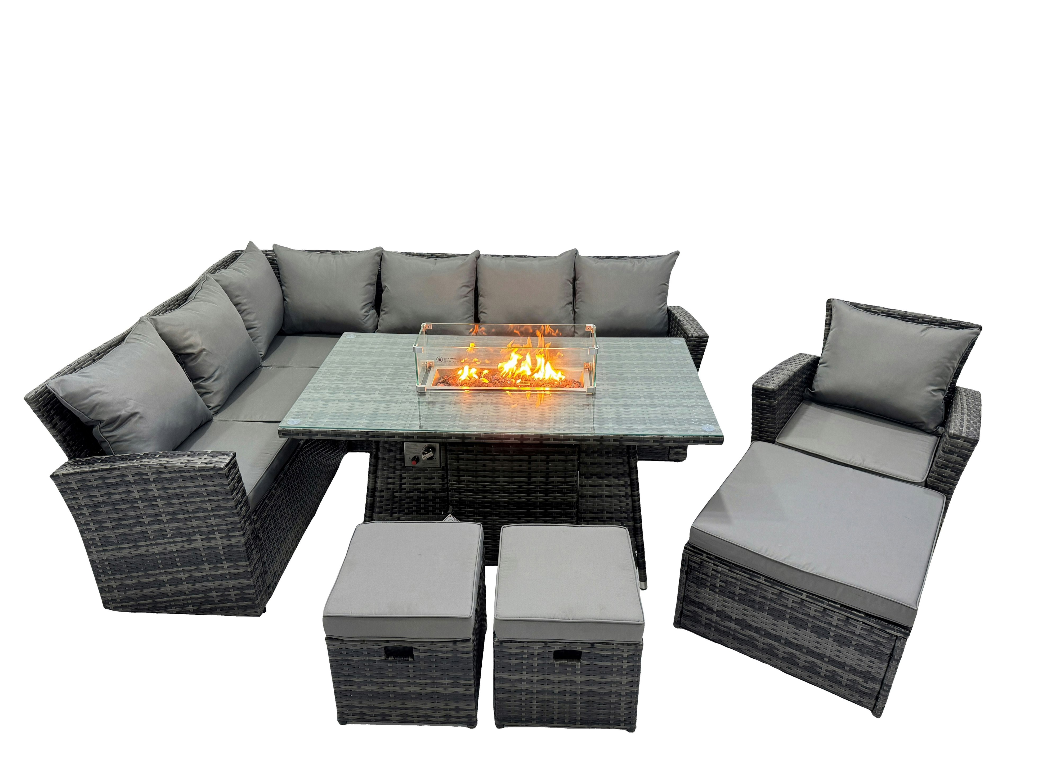 Fimous Dark/Grey Poly Rattan Outdoor Patio Gas Firpit Dining Table Corner Sofa Set With 3 Stools Chair For Garden Backyard Mixed