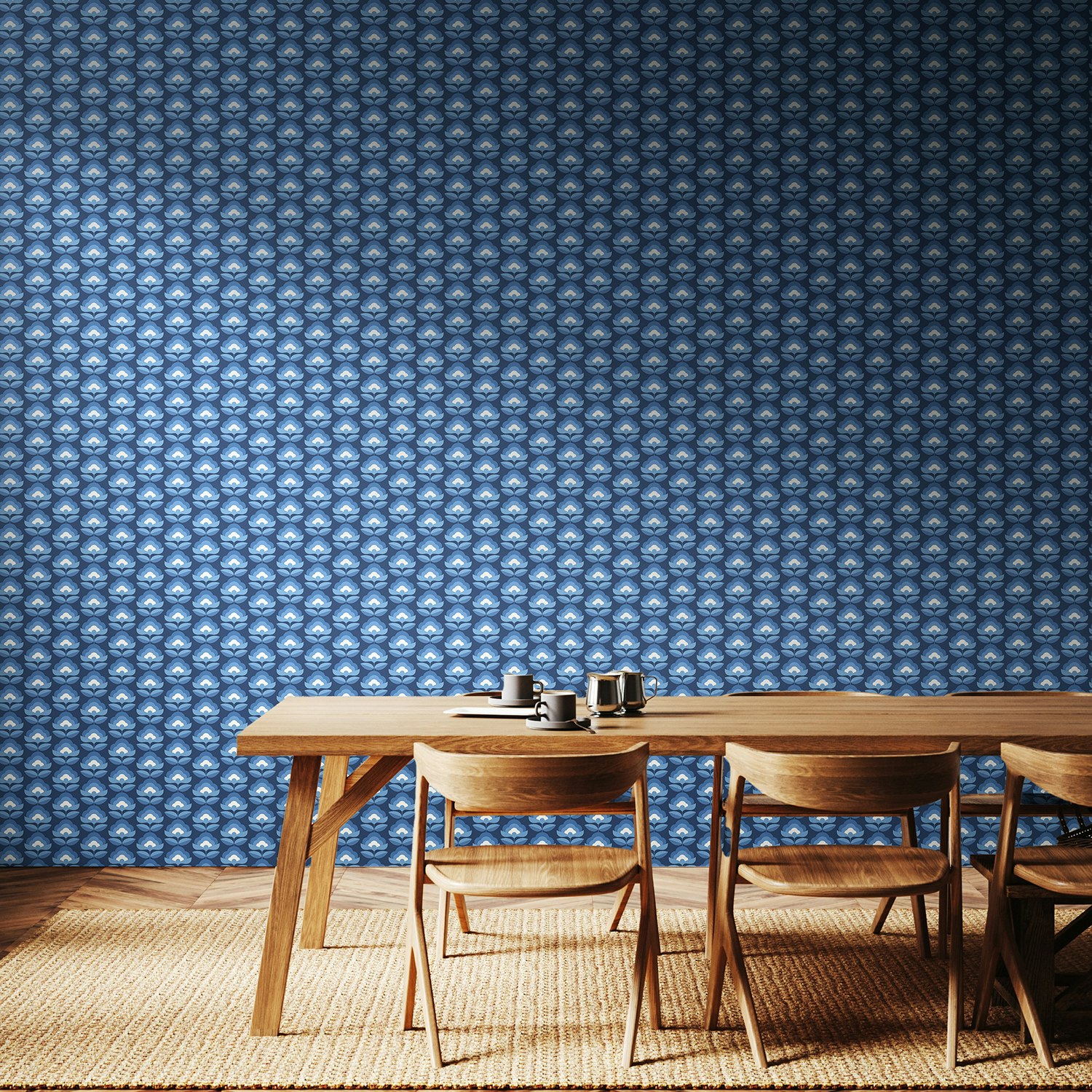 Hoopla Walls Indigo Retro Flower - Mix 10M Wallpaper