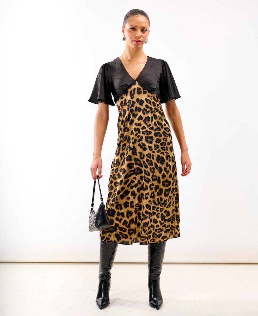 Needs No Label Leopard Printed Satin Midi Dress - 10