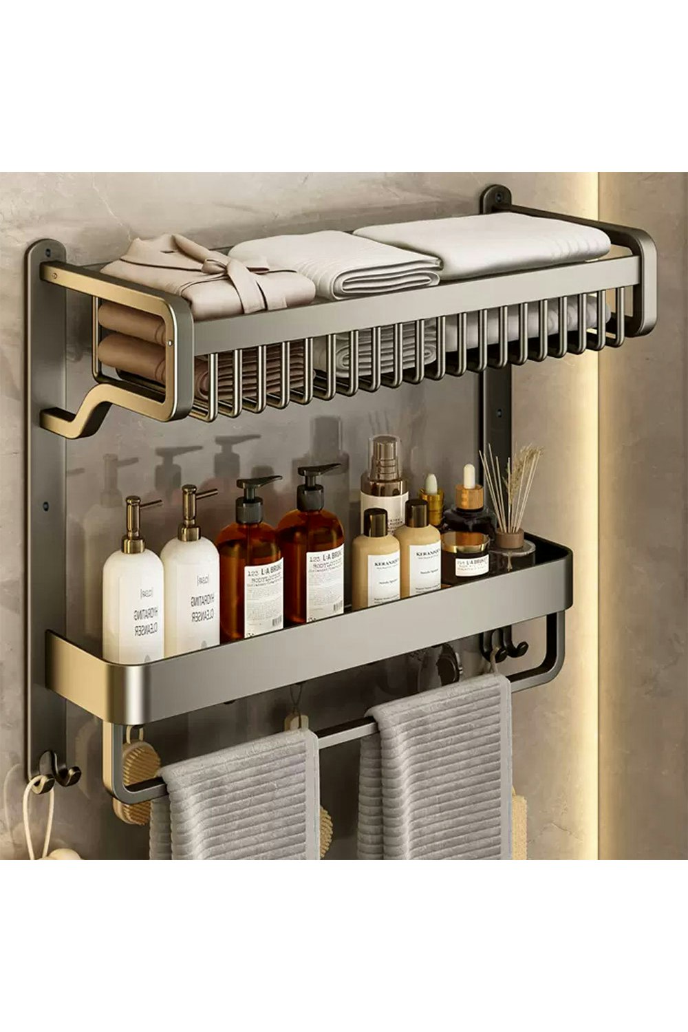 Rackhams Grey 2-Tiers Corner Shower Caddy With Towel Rack Bathroom Storage Shelf