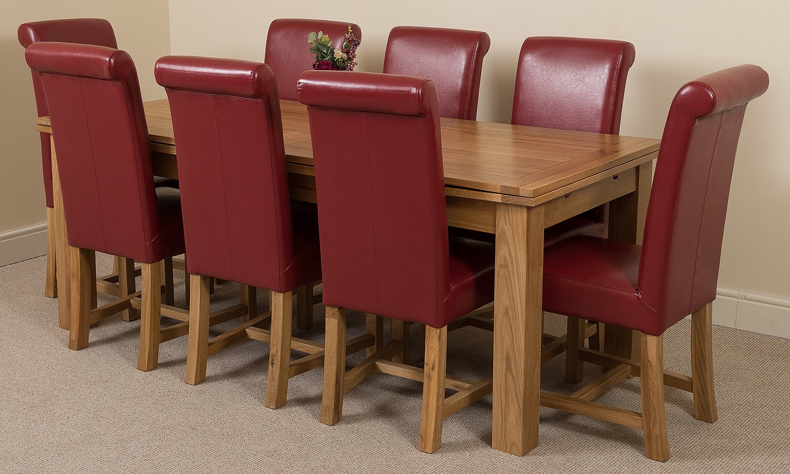 Rackhams Burgundy Richmond Oak Extending Dining Table With Washington Leather Chairs - 8 Chairs Large
