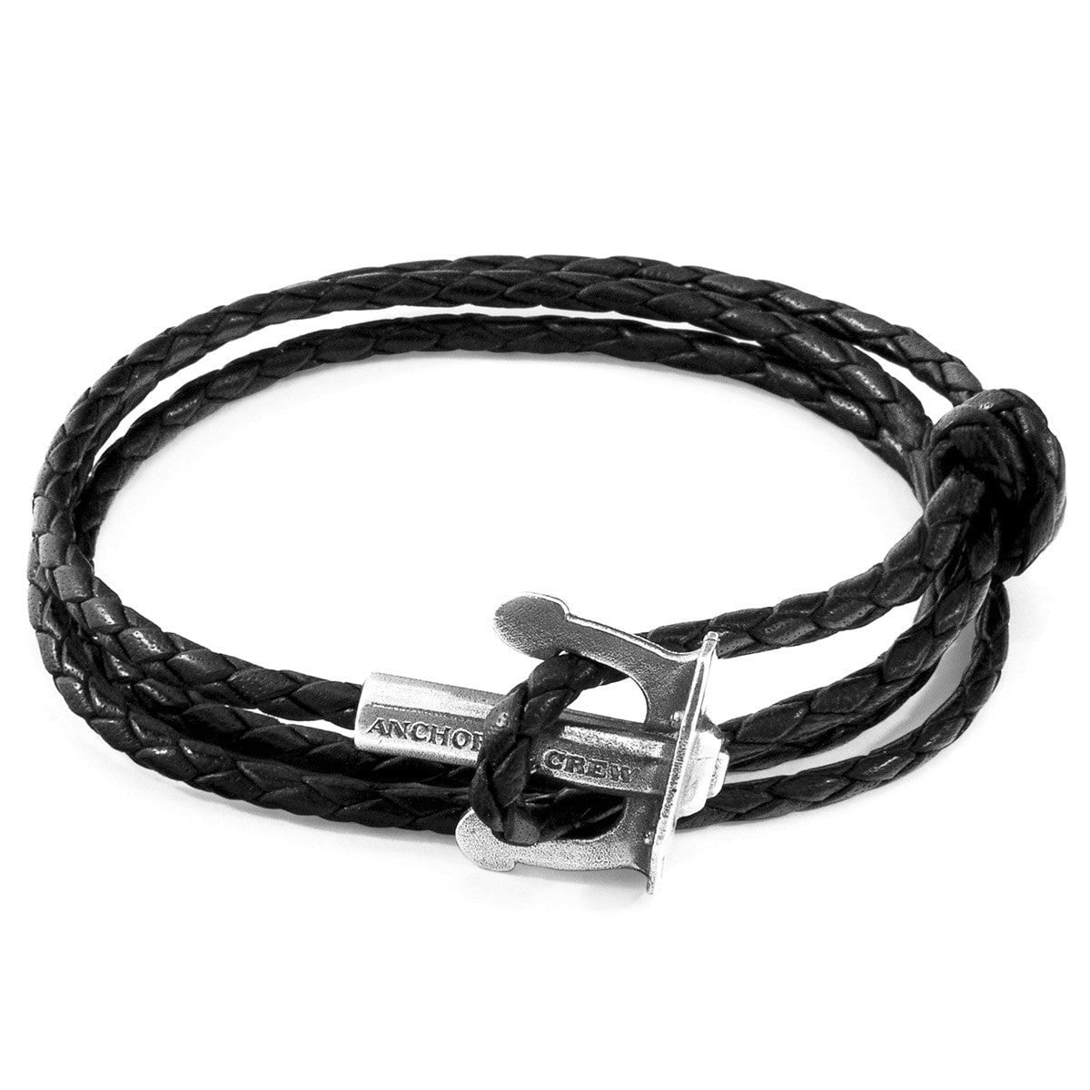 Anchor & Crew Coal/Black/Silver Union Anchor And Braided Leather Bracelet