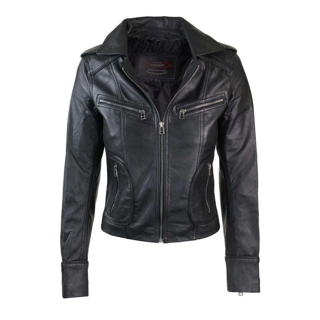 Aviatrix Women's Black Leather Short Slim Fit Biker Jacket - Uk 20