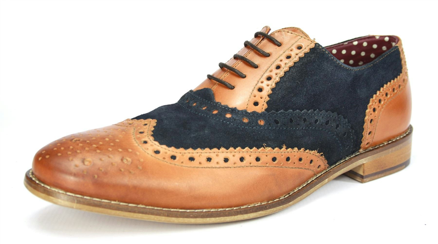 London Brogues Men's Leather Lace Up Wingtip Formal Gatsby Evening Brogue Shoes - Tan / Navy - 8 Uk
