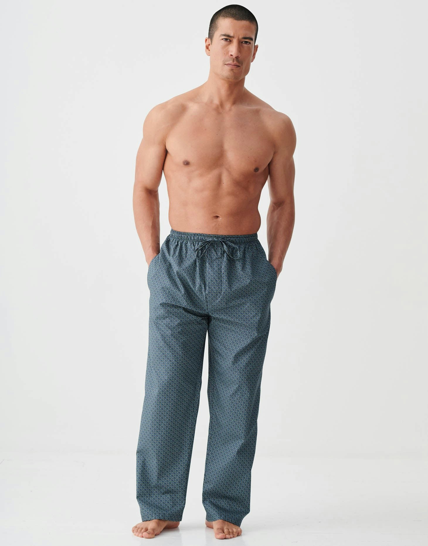 British Boxers Men's White Crisp Cotton Pyjama Trousers – Geometric Moorland - Small