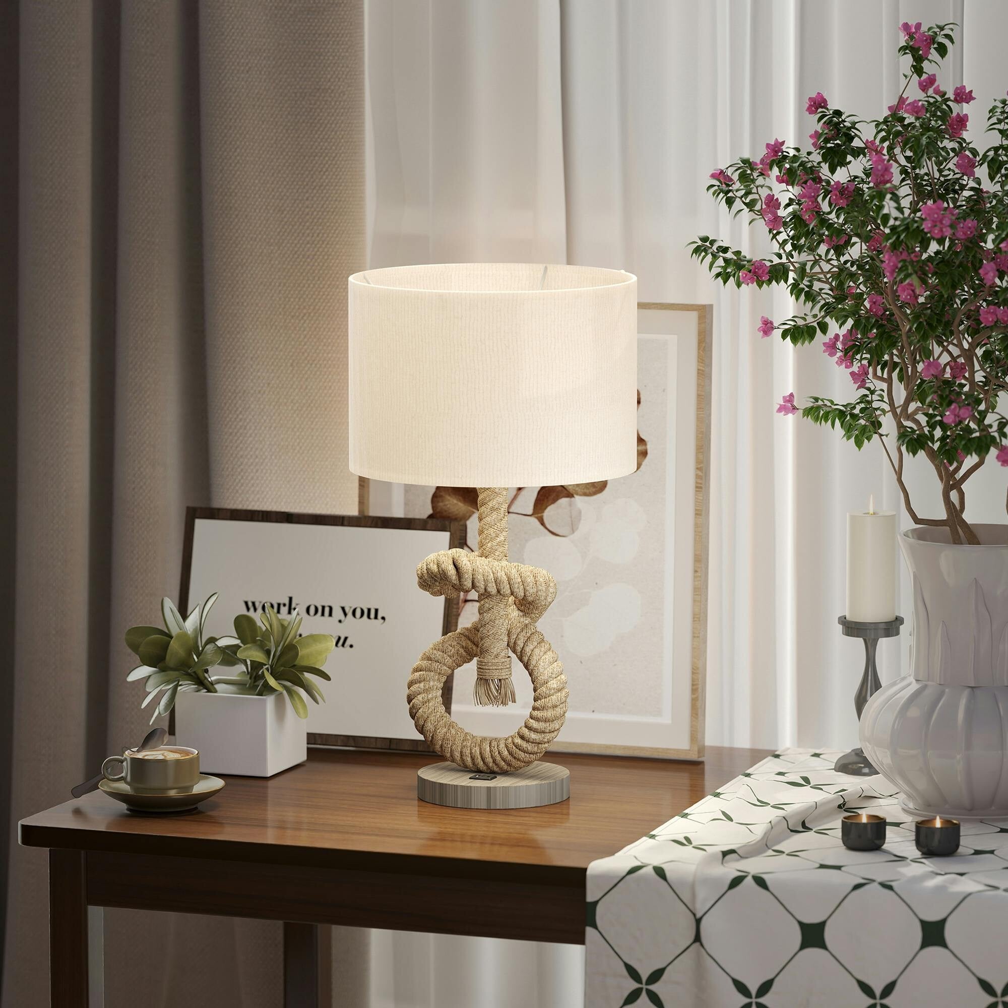 Homcom Light/White/Brown Led Nautical Table Lamp With Usb Charging Port