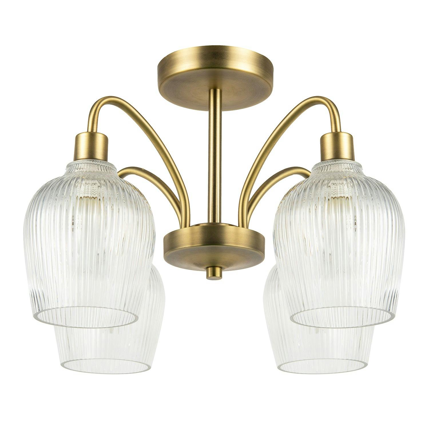 Rackhams Light Classy Antique Brass Ceiling With Clear Ribbed Glass Shades