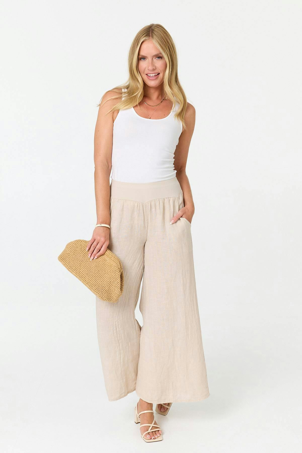 Izabel London High Waist Relaxed Flared Trousers - 16 - Linen