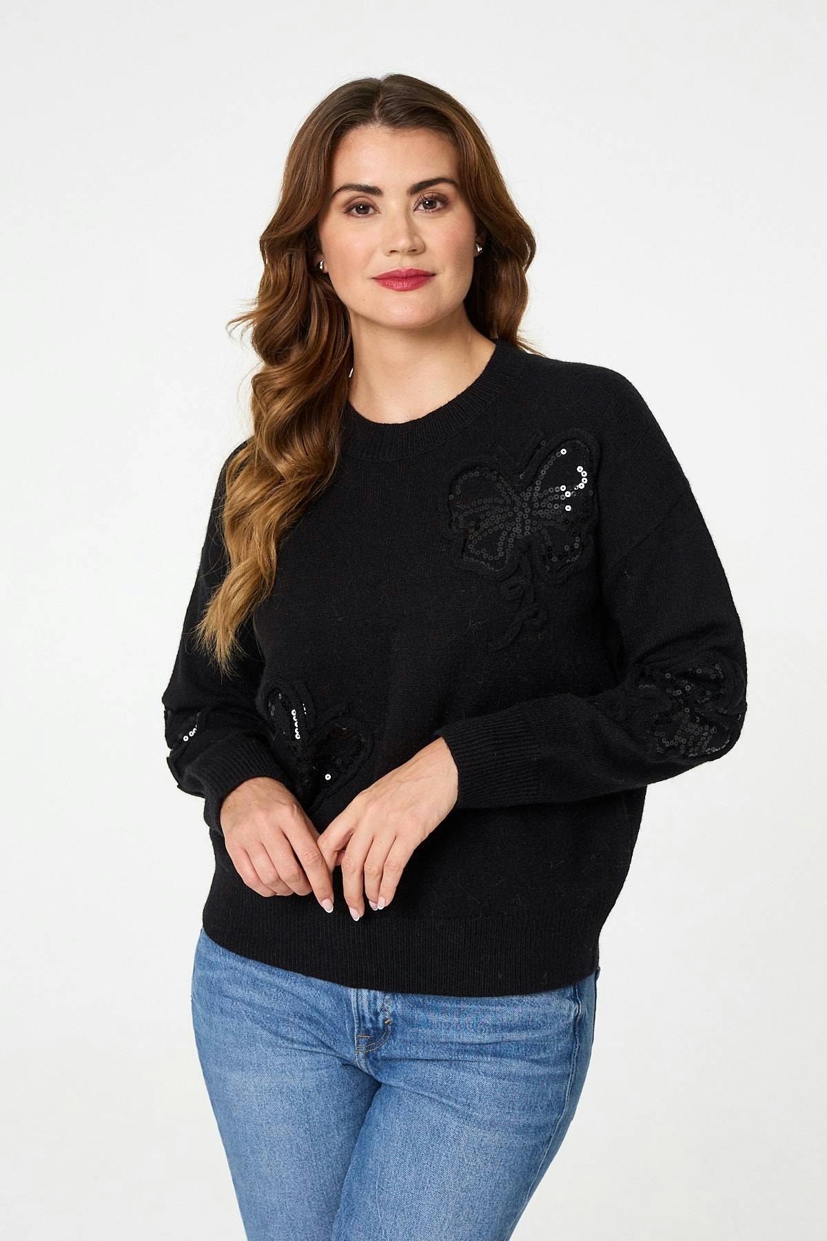 Izabel London Black Sequin Butterfly Detail Relaxed Jumper - 12