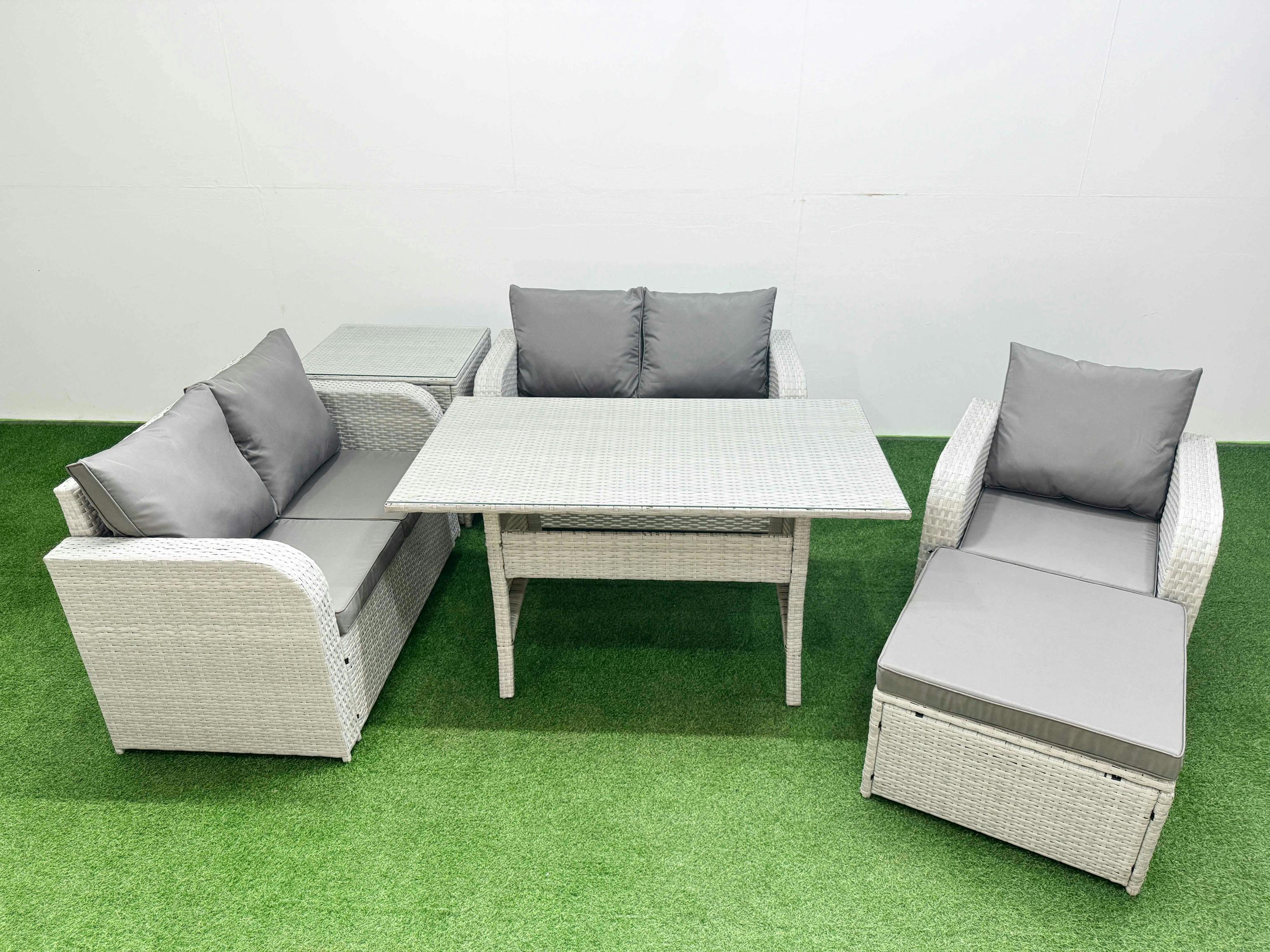 Rackhams Light/Grey High Back Poly Rattan Garden Furniture Set, Reclining Chair, Loveseat, Dining Table, Indoor Outdoor, Big Stool, Side Table,