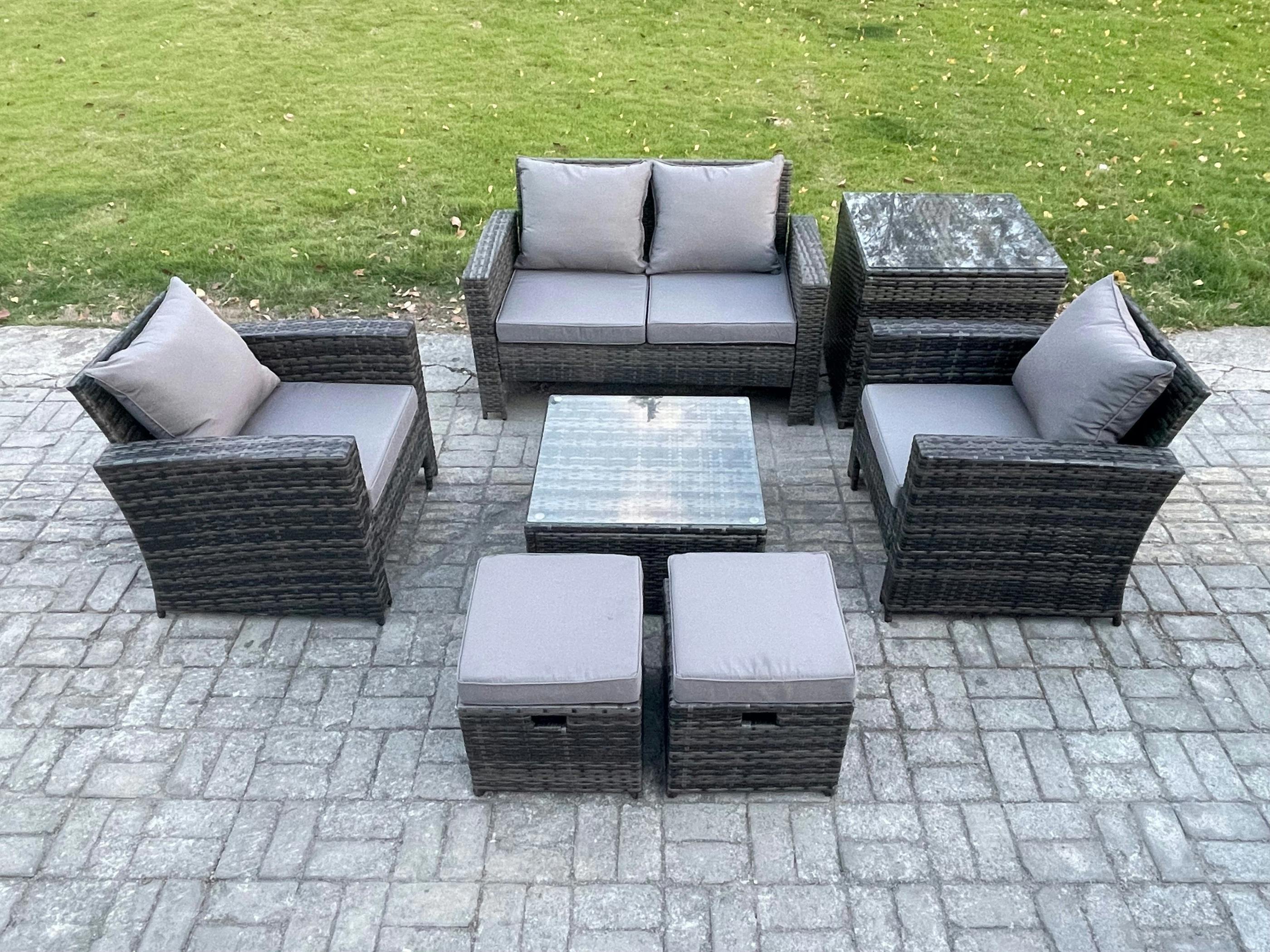 Fimous Dark/Grey Outdoor Lounge Sofa Set, Wicker Pe Rattan, Armchair, Square Coffee Table, Double Seat Sofa, Side Table And 2 Small Footstools, Mixed