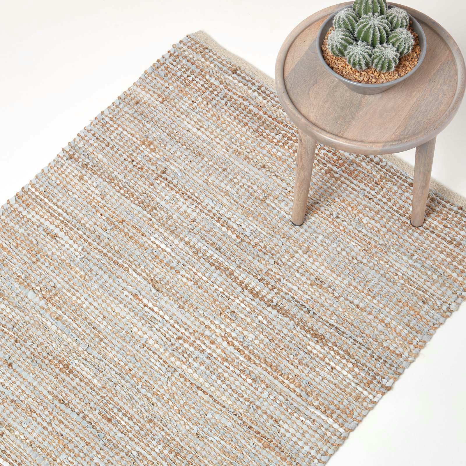 Homescapes Brown/Beige/Grey Madras Leather Hemp Rug - Natural - 150 X 240 Cm